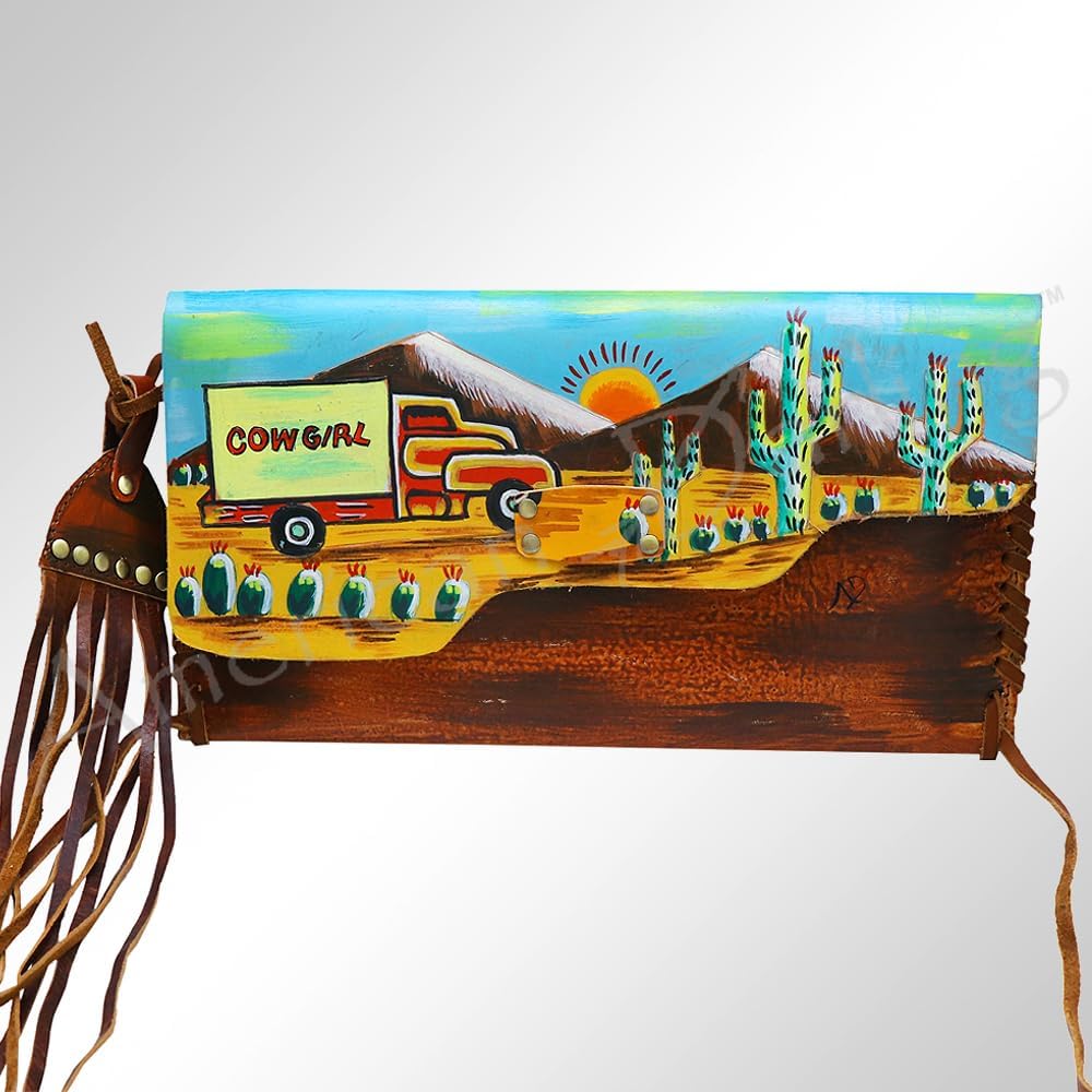 American Darling Envelope Bag - Hand-Painted Vegetable-Tanned Genuine Leather Western Clutch with Fringes - 6.5in x 12in