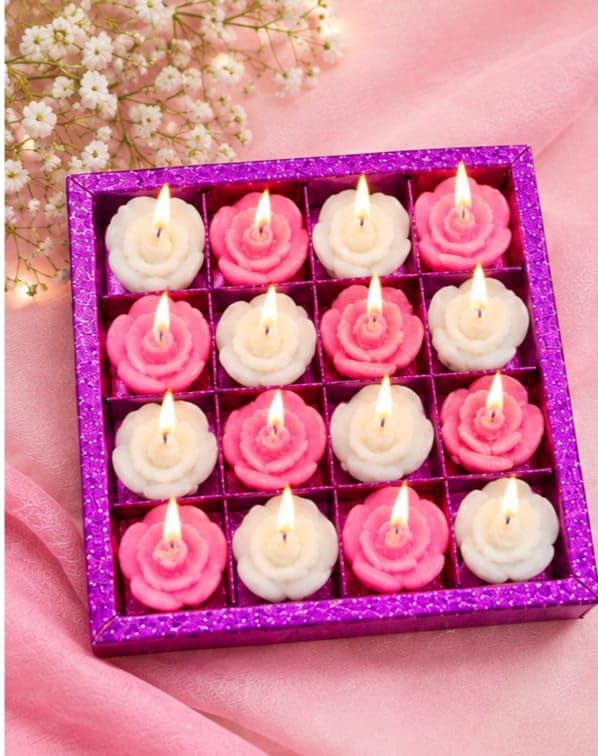 Small Flower Shaped Tealight Candles Set of 16, Pink & White Rose Design Decorative Candles for Diwali, Wedding, Birthday, Puja, Home Décor & Festive Decoration/Color May Vary