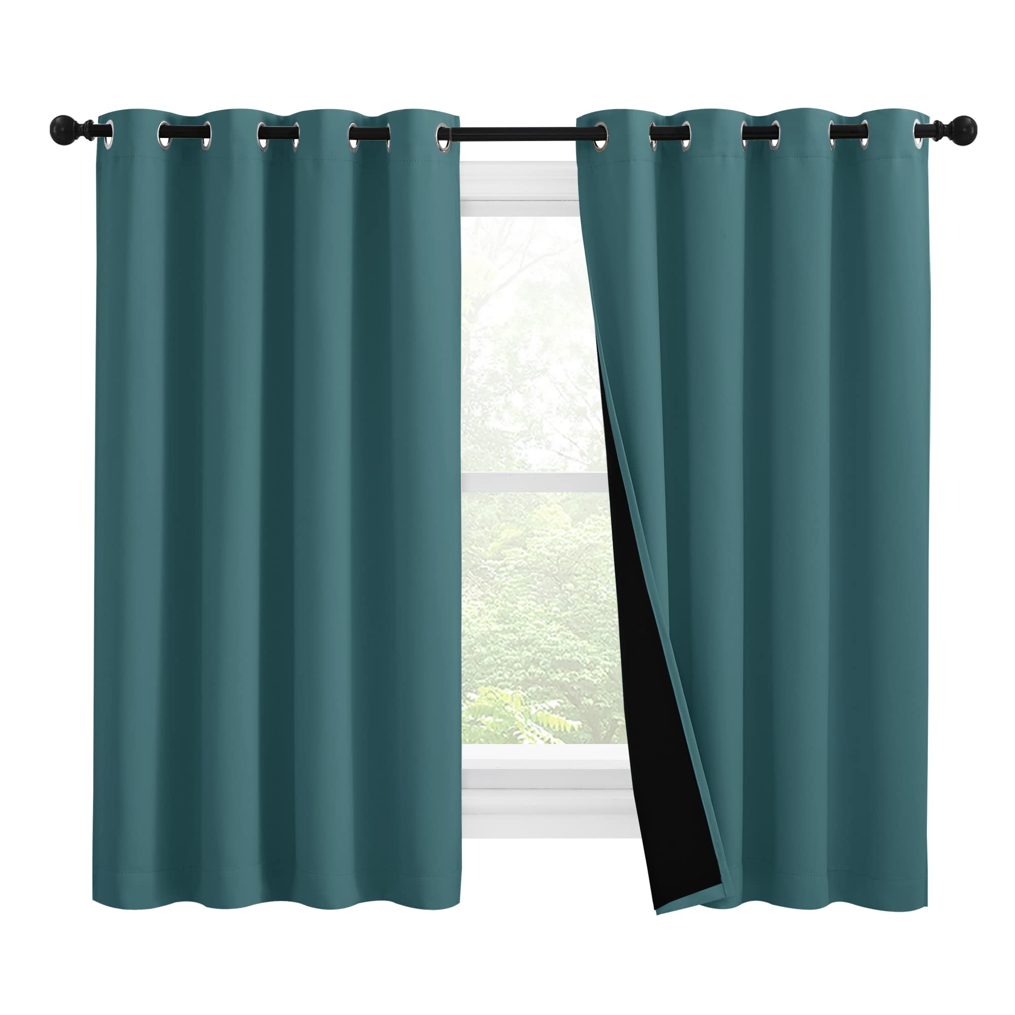 NICETOWN 100% Blackout Curtains with Black Liners, Thermal Insulated 2-Layer Lined Drapes, Room Warming Small Window Draperies for Dining Room (Sea Teal, 2 Panels, 55 inches W by 57 inches L)
