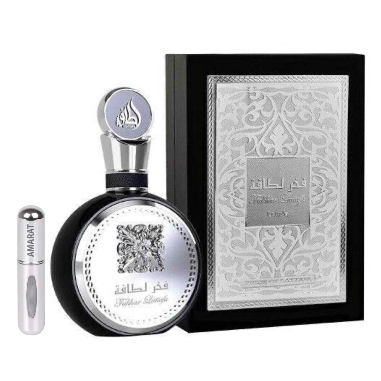 Perfume Fakhar for Men Black 100ML, Perfume Árabe para Hombre de Larga Duración, Eau da Parfum Importado desde Dubái, Incluye Atomizador Recargable 5ML AMARAT (Fakhar Black)