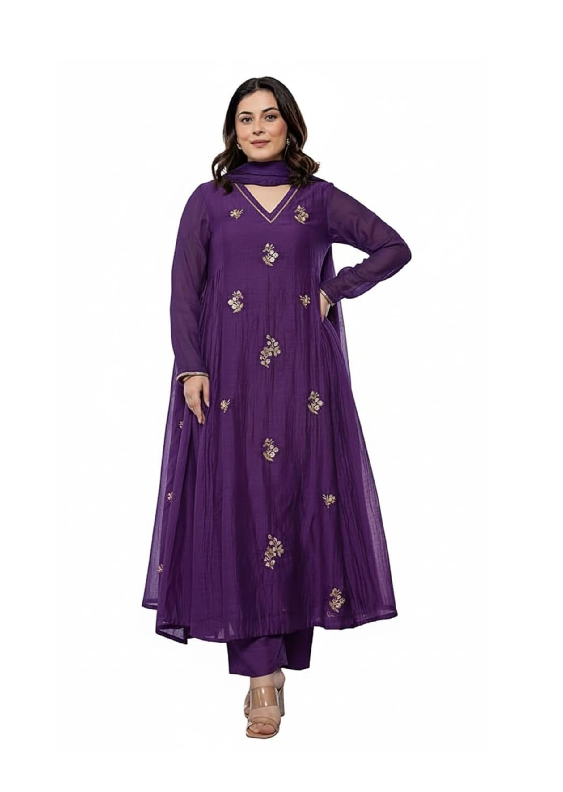 Anarkali Kurta-Set für Damen mit Dupatta-Stickerei, lang, ausgestelltes Salwar-Anzugkleid