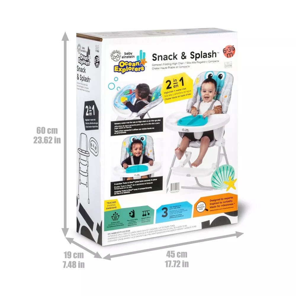 Baby Einstein Ocean Explorers Snack & Splash Faltbar Hochstuhl mit Wassermatte und 5-Punkt-Sicherheitsgurt, für Kinder ab 6 Monaten, Unisex