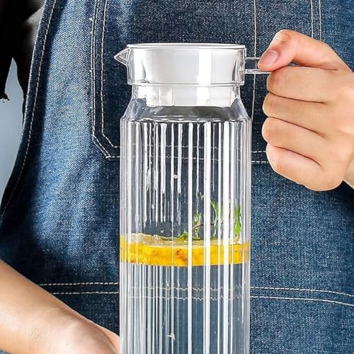 Image of Wringo Premium Glass Water Jug - 1.2 LTR, Transparent, Hot Cold Water Glass Pitcher with Lid Water Jug, Iced Tea, Milk and Juice Beverage Carafe, Lemon Jug 1200ML (Set of 1) (WQ-11)