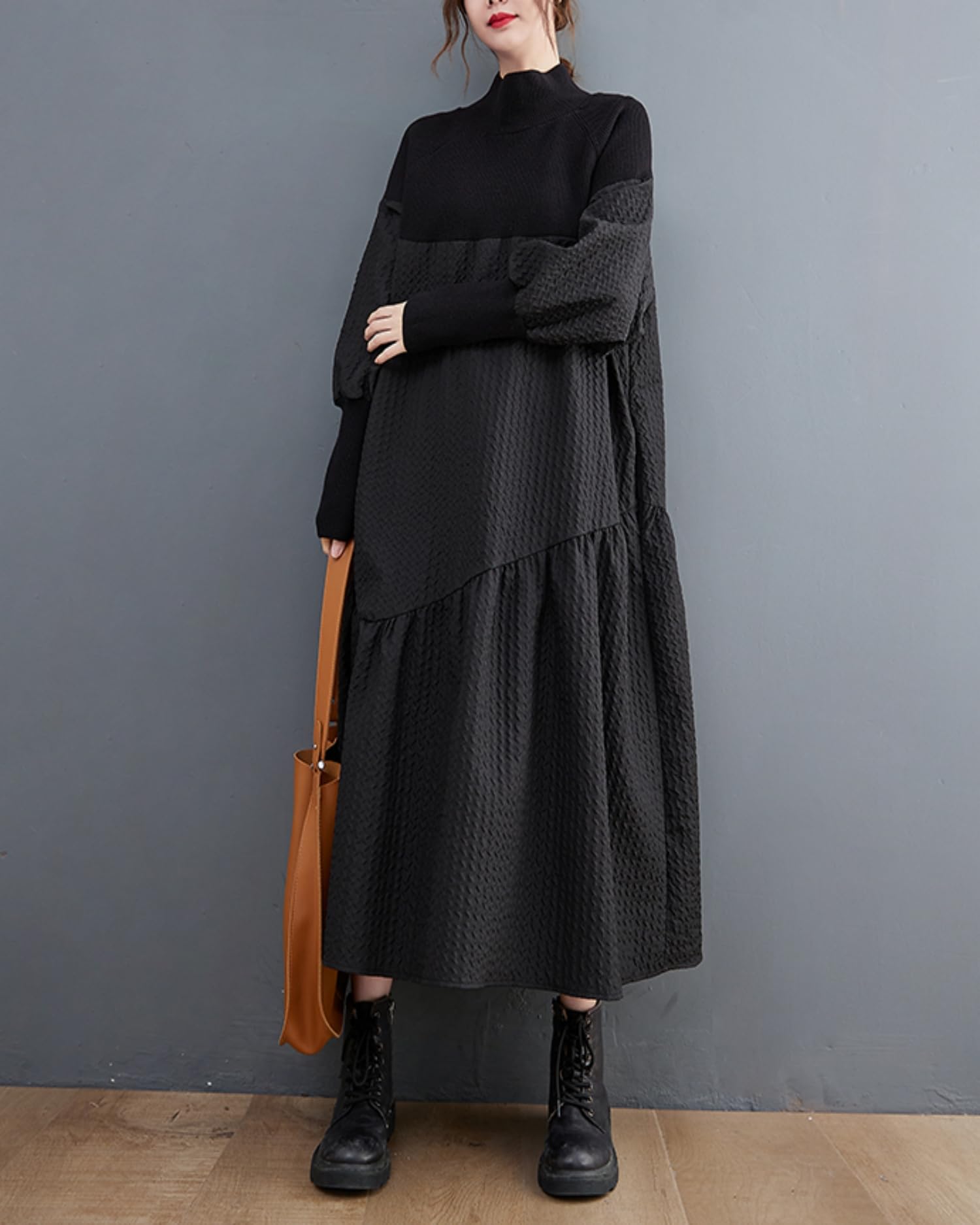 ellazhu Robe Tricotée à Col Roulé Patchwork avec Volants pour Noël GZ05