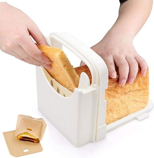 Bread Slicers Cutting Guide Cutter for Homemade Bread Machine Adjustable Machine Multi-Functional with 2 Pcs Toaster Bag, Bread Slicer Slicing Plastic Folding 4 Handed Bagel Sandwich (1 Pack White)