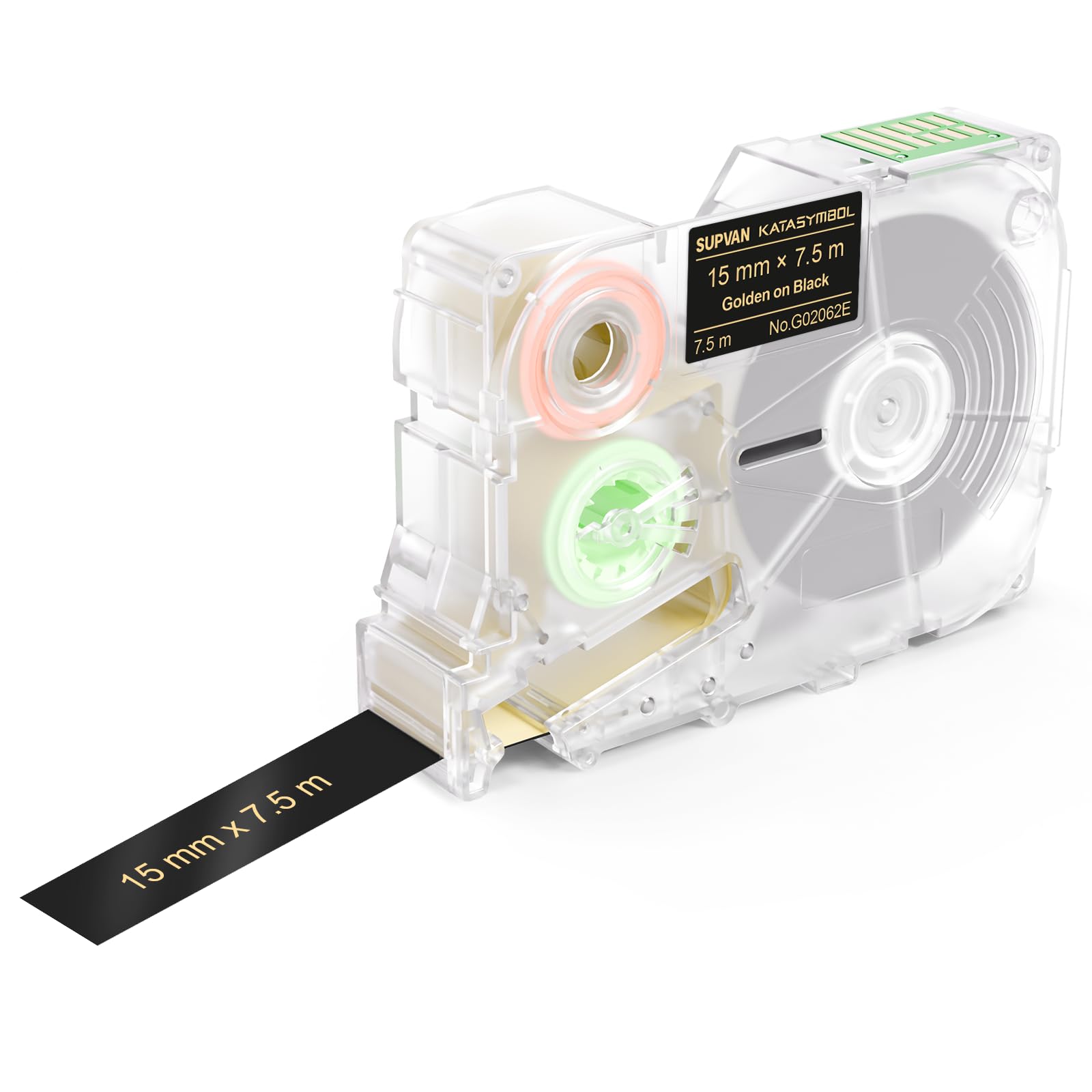SUPVAN G15M Series Continuous Thermal Transfer Labels, 15 mm W × 7.5 m L, Waterproof, High Temperature Resistant & Non-Fading Labels for Outdoors & Indoor, Gold on Black