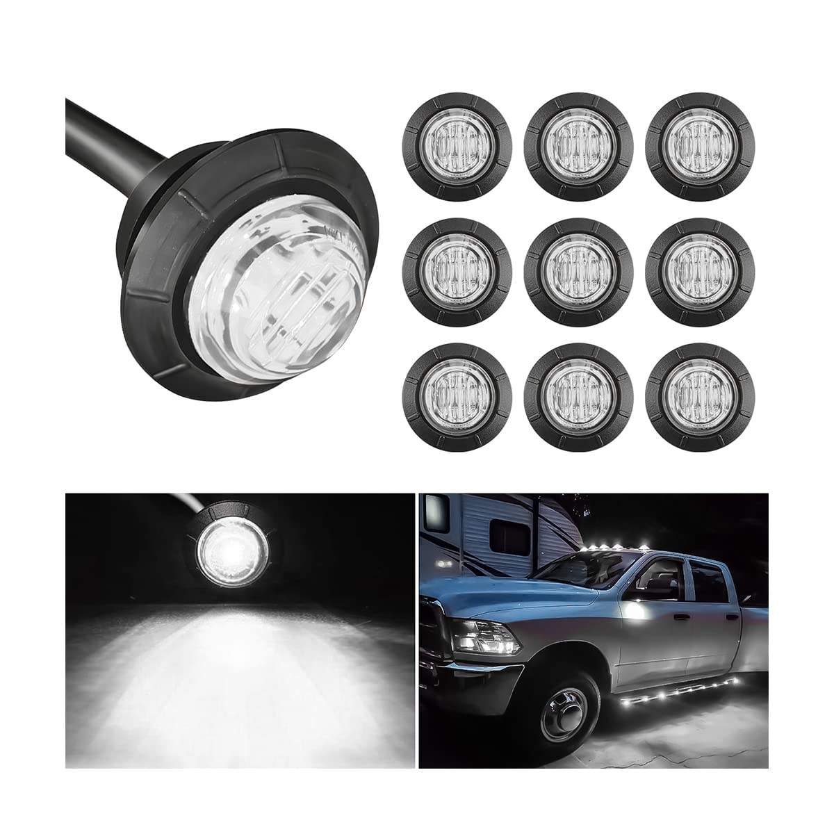 10 Pcs 3/4” LED Round Clearance Bullet Marker Lights, Waterproof Running Signal Tail Bullet Light, Universal Car Truck Trailer Accessories (White)