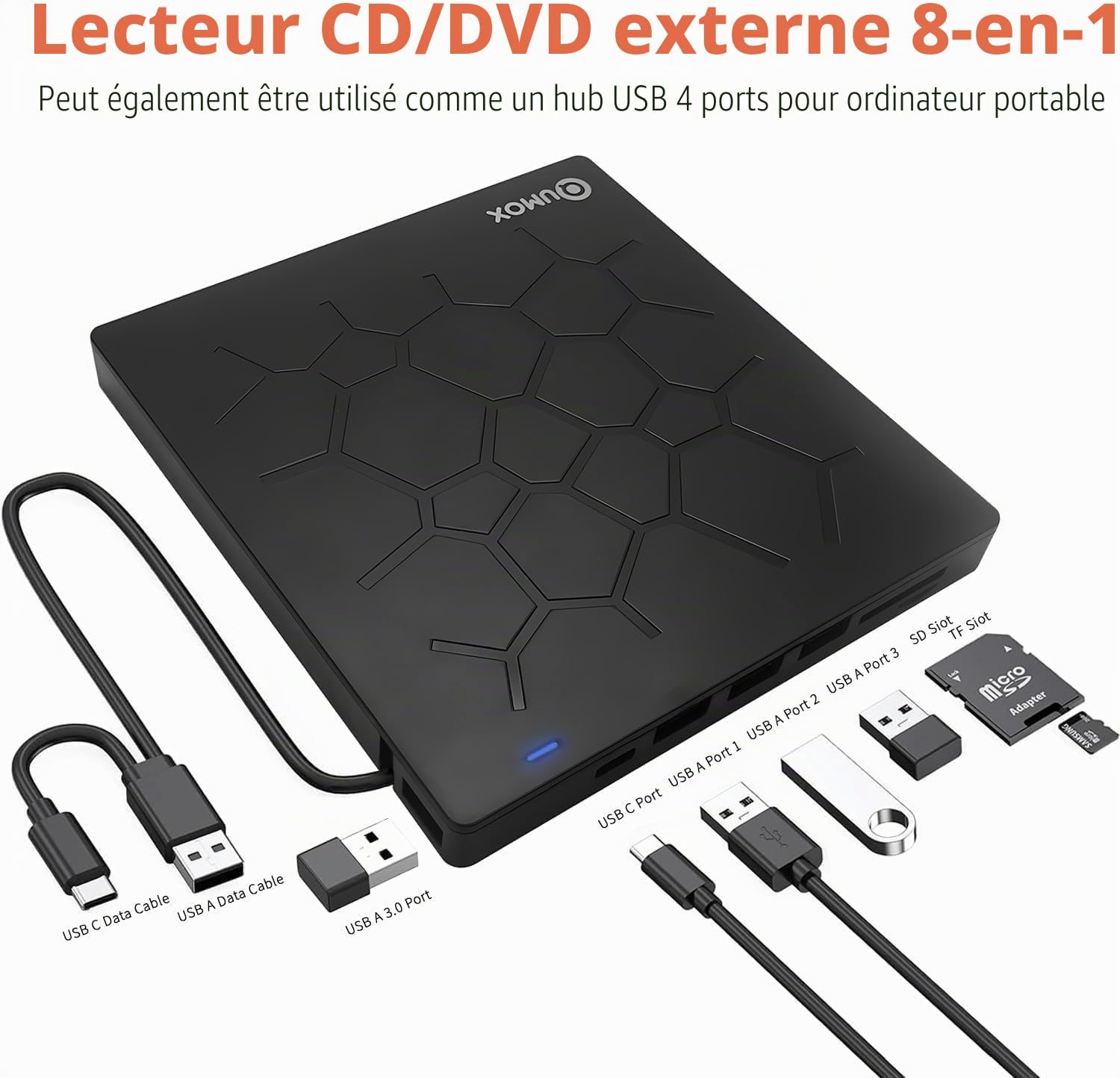 QUMOX Graveur externe DVD/CD USB 3.0, lecteur CD/DVD avec 4 ports USB et lecteur de carte TF/SD, compatible Windows/Mac/Linux
