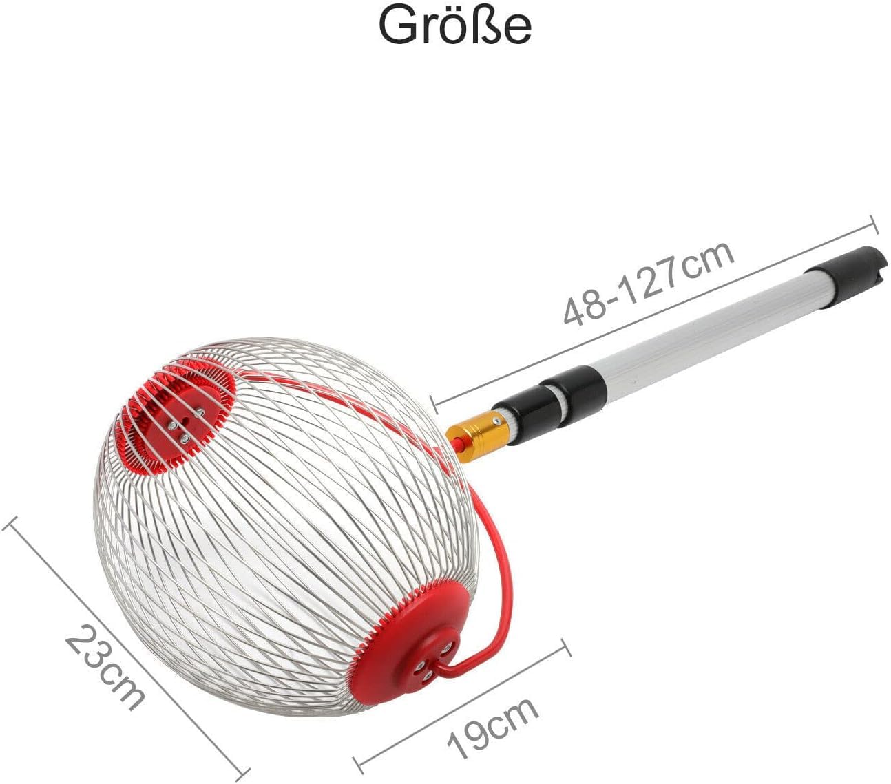 Teleskop Rollsammler für Nüsse & Obst – Verstellbar (48-127 cm), Leicht (627g) aus Aluminiumlegierung – Fallobstsammler, Nusssammler, Obstsammler mit Stahldraht-Kugel (23x19 cm), Rot