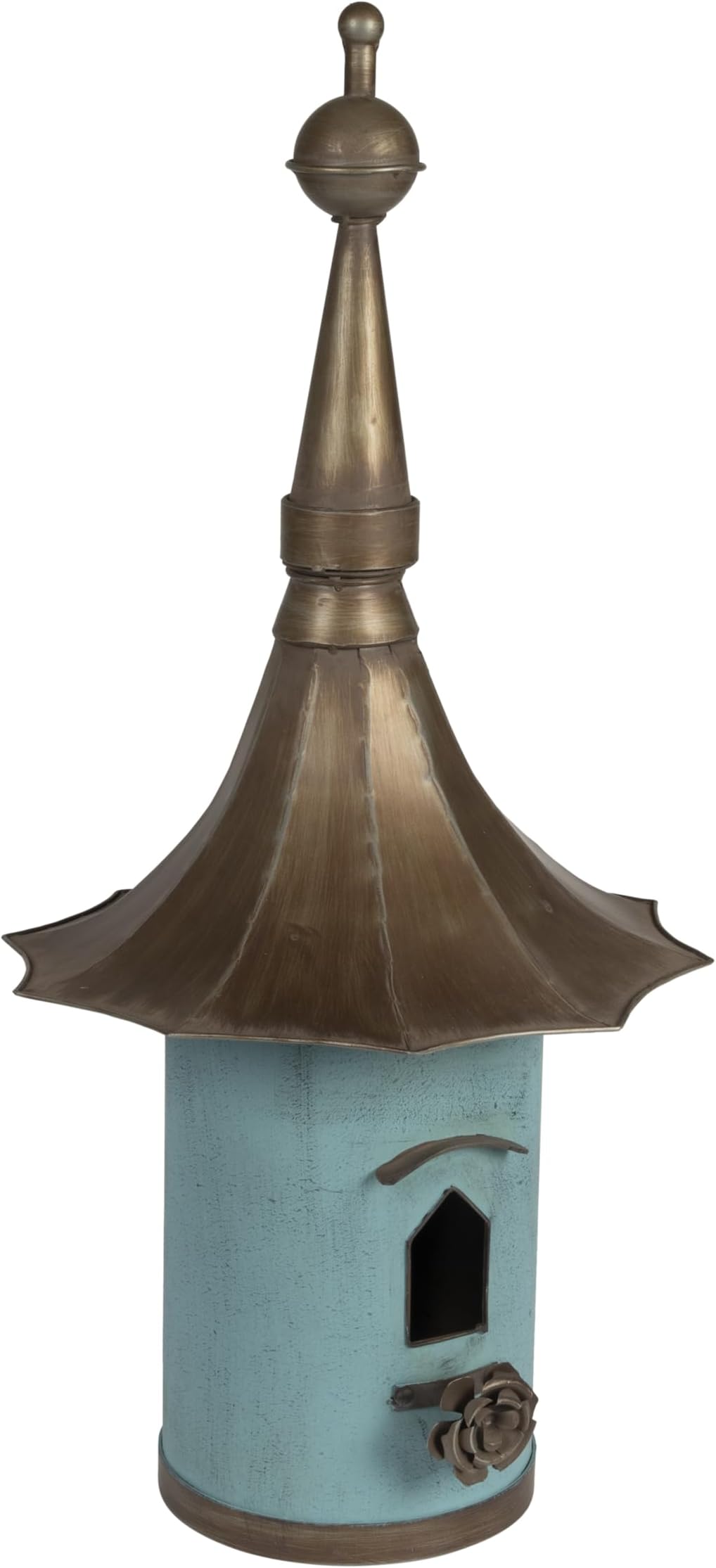 Creative Co-Op Cottagecore Free-Standing Decorative Metal Birdhouse for Garden, Distressed Aqua, 15.5"Wx34"T