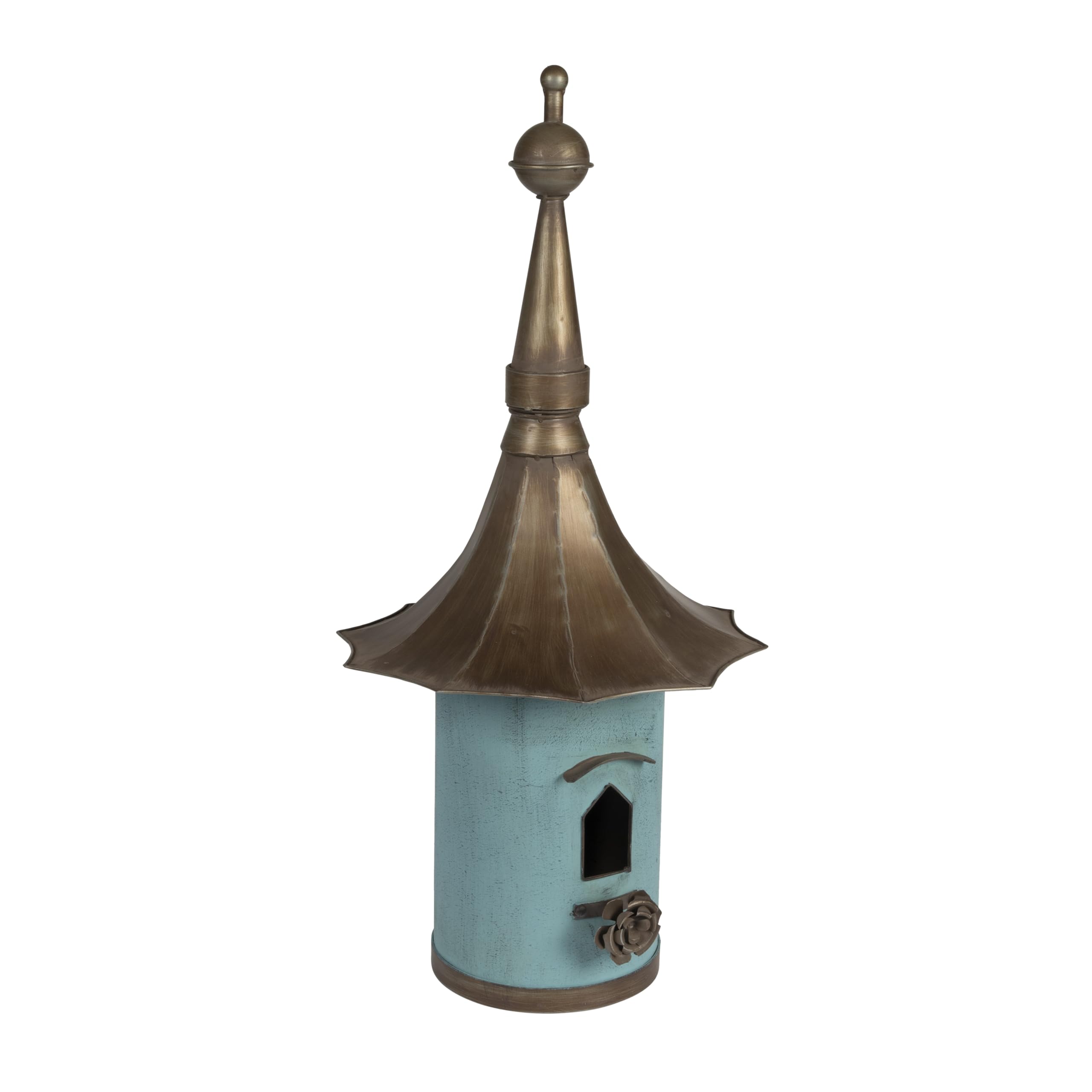 Cottagecore Free-Standing Decorative Metal Birdhouse for Garden, Distressed Aqua, 15.5"Wx34"T