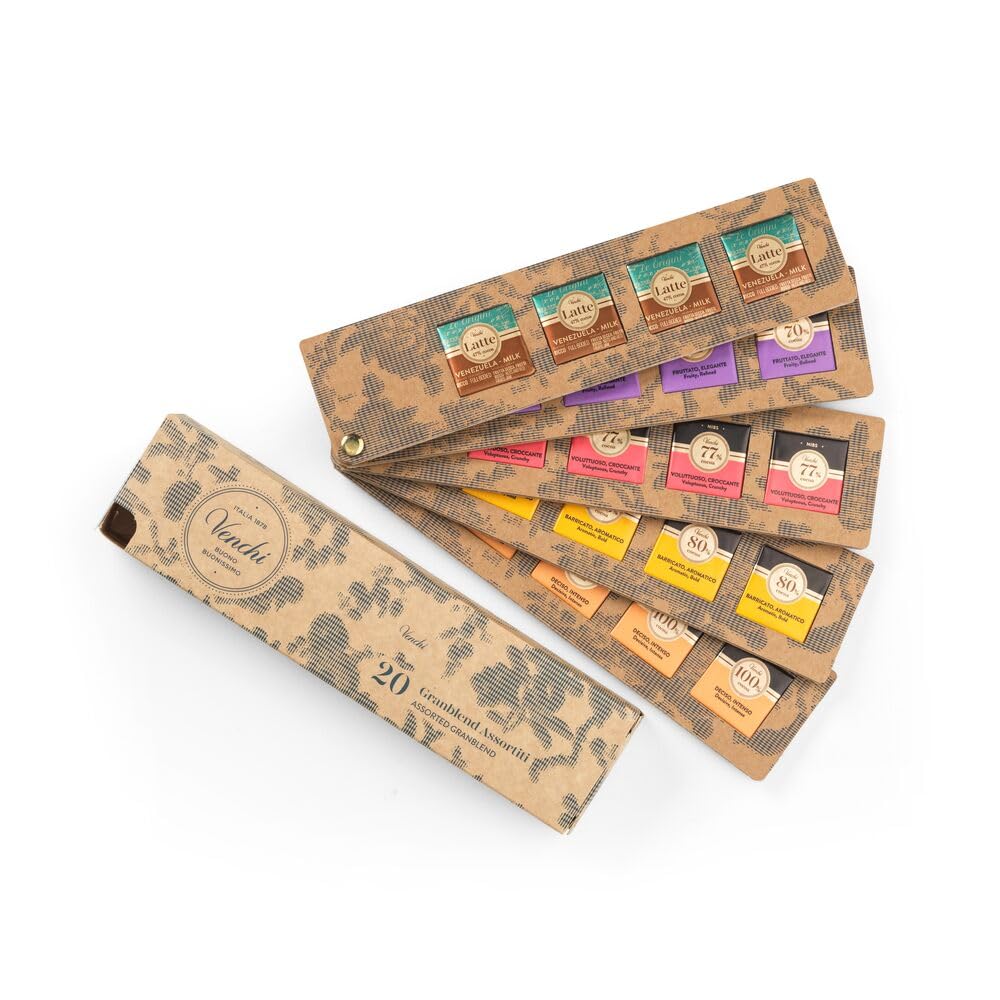 Venchi - Estuche abanico con 20 bombones Granblend, desde el extra negro hasta el chocolate con leche, 140 g, sin gluten, sin colorantes y sin conservantes, idea de regalo