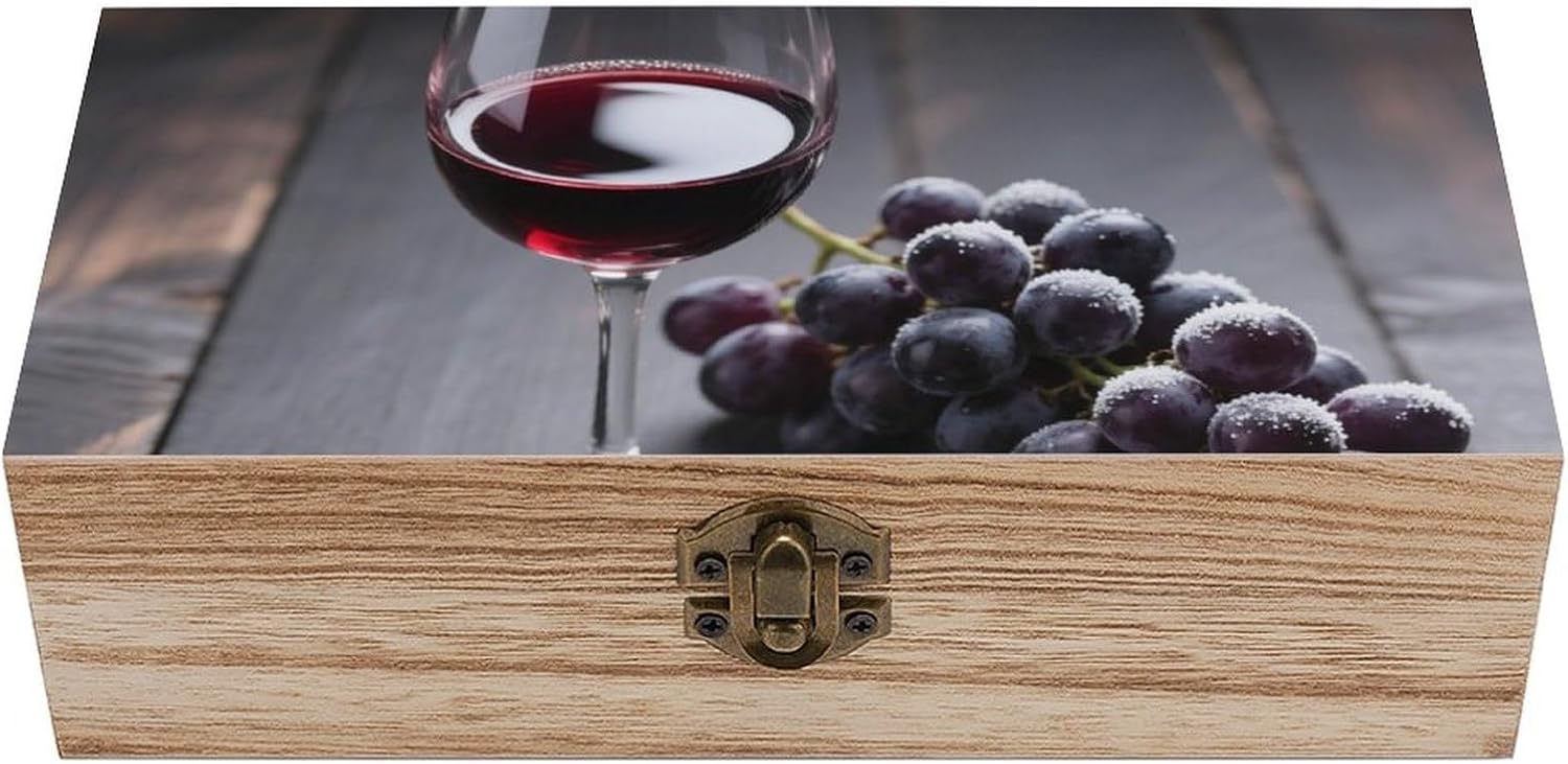 Wine Cup With Grapes Wooden Storage Box Locked Wood Gift Box Decorative Keepsake Boxes Storage Bins, Memory Boxes for Pictures, Jewelry Organizer Unique Gift Ideas for Men Women