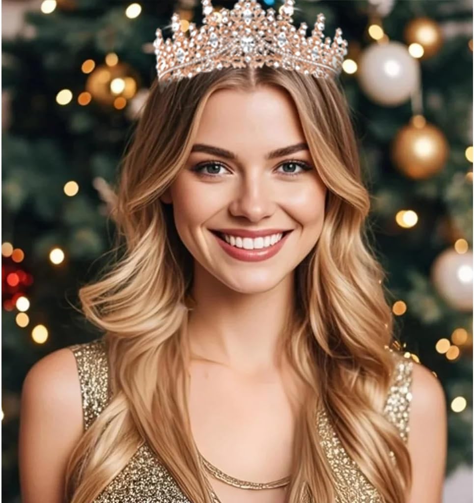 Exquisite and Elegant Golden Crown Headpiece for Women – Queen Tiara with Glittering Crystal Design, Ideal for Bridal Weddings, Birthday Balls, Debutante Photos, and Special Occasions