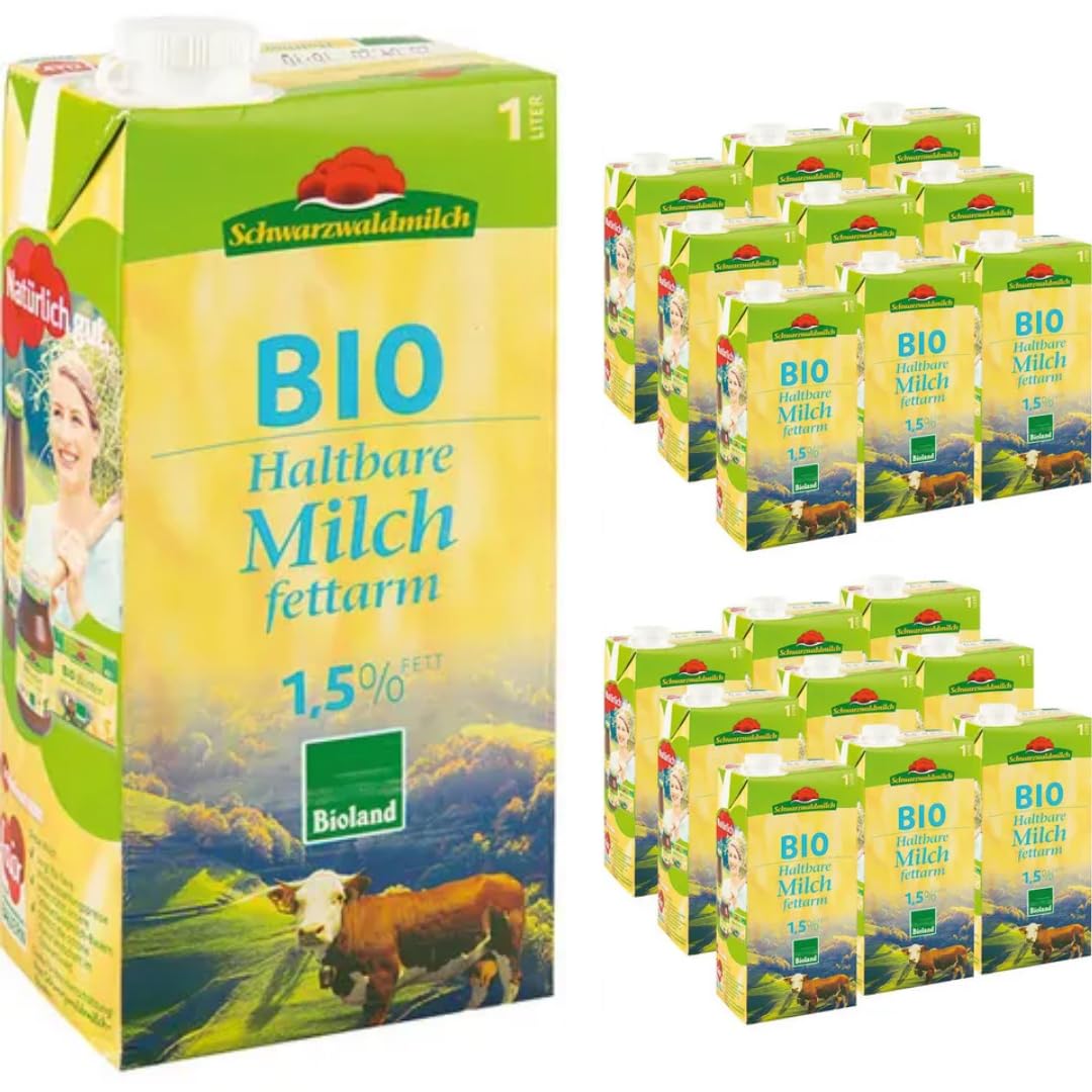 Schwarzwaldmilch Milch fettarme H-Milch 1,5% Fett, Haltbare Milch, je 1 Liter, 24 Stück+ pufai