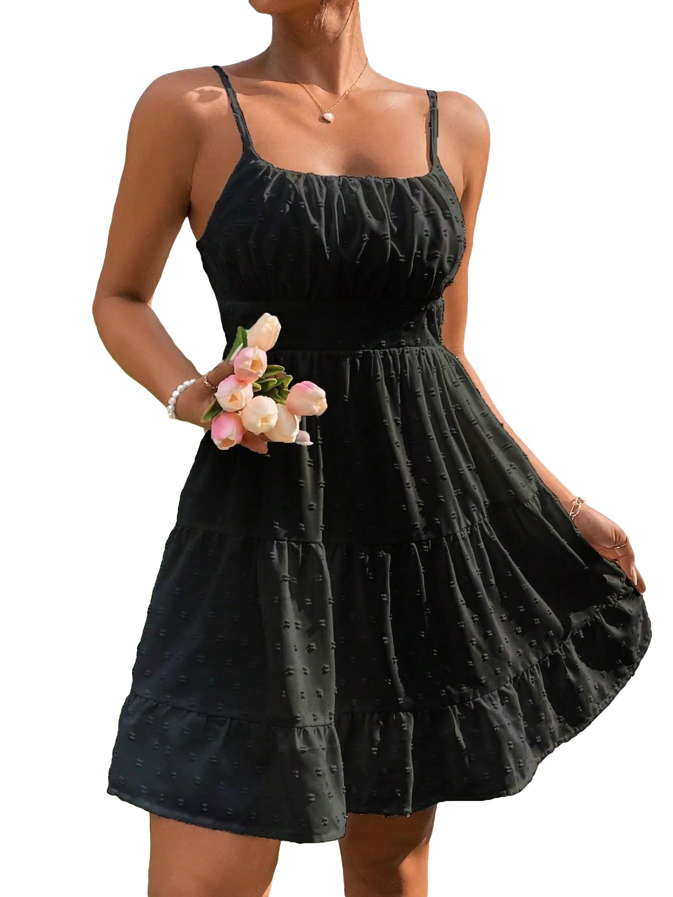 Floerns Women's Swiss Dots Sleeveless Ruched Bust Ruffle Hem Cami Short Dress