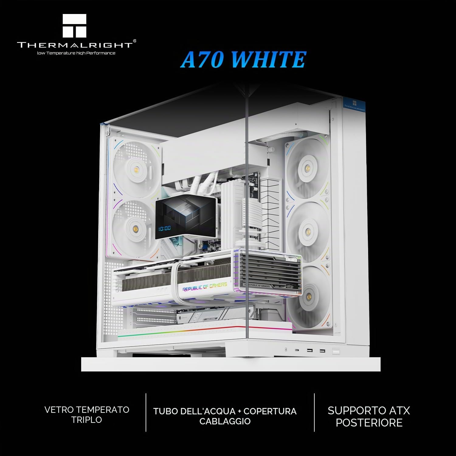 Thermalright A70 Bianco PC-Case-Panorama a 270°-Vetro Temperato ATX-Midi Tower Chassis, supporta scheda madre ATX/GPU 420mm, gestione cavi nascosta-Bianco