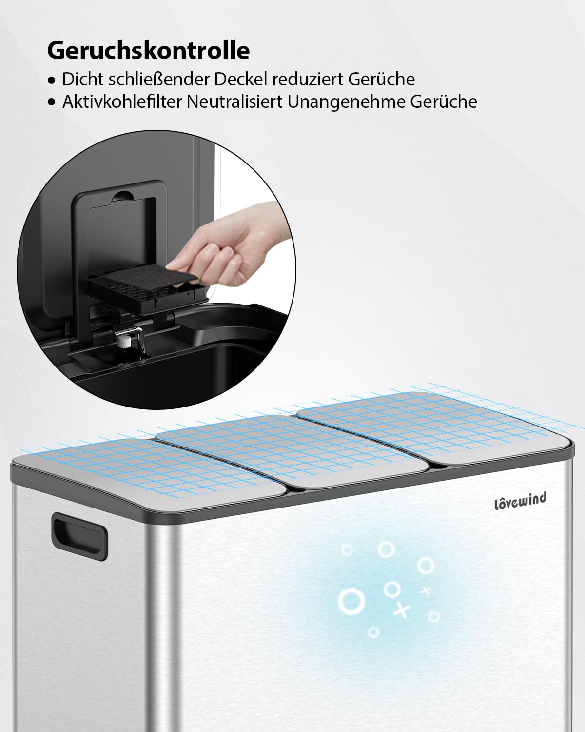 lovewind Mülleimer Küche,Mülleimer 3 Fächer,60L Mülltrennsystem, 3 x 20L, Tretmülleimer mit Deckel und Inneneimern, Stahl, Magnetisches Etikett,Soft-Close-Deckel,Silber