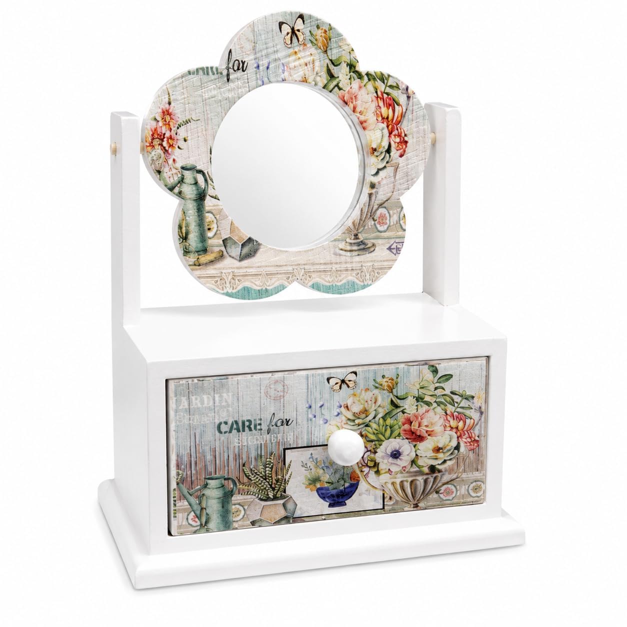 Wooden Vanity Organizer with Built-in Mirror & Storage Drawer | Floral Makeup Organizer Box for Cosmetics, Jewellery & Beauty Accessories | Dressing Table| (multicolour-2)