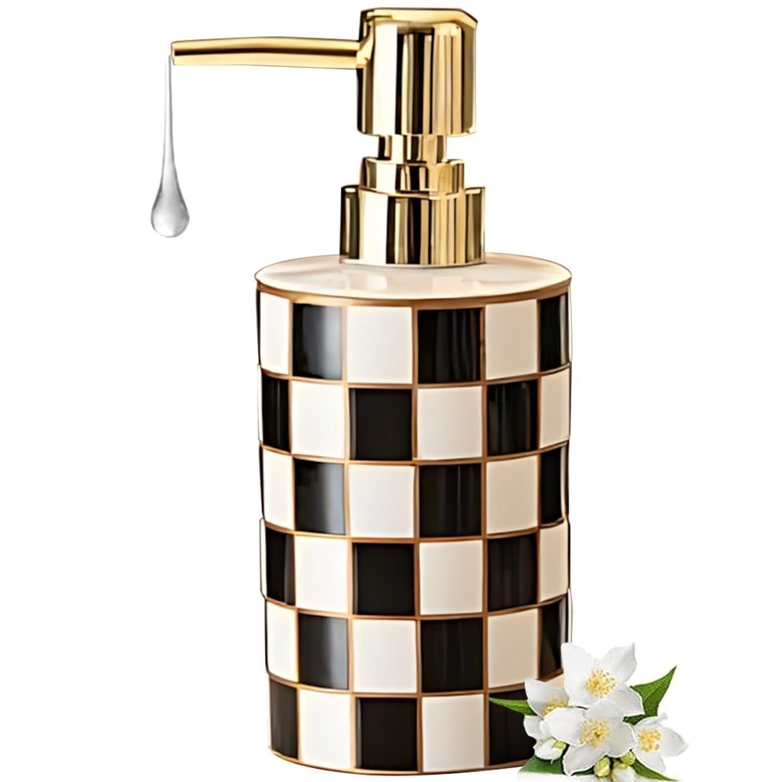Yuue Black Empty Barthroom And Dish Soap Dispensing Retro Checkerboard Dish For Kitchen 10.5Oz With Chrome Pump Decor For Counter(Black)