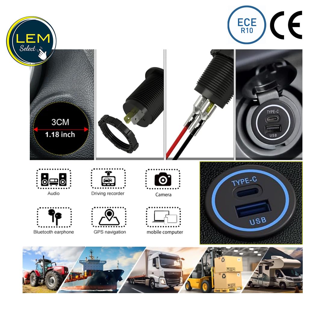 LEM Select Presa per caricabatterie da 12/24 V con porte USB-A e USB-C