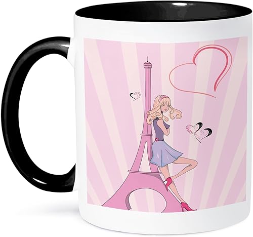 3dRose Girly Pink Girl Eiffel Tower and Hearts Paris Love Vector Illustration Taza de dos tonos, 11 onzas, negroblanco