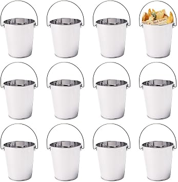 12 Pack Mini Stainless Steel Buckets Small Metal Buckets Mini Pails with Handles, Mini Buckets Metallic Pails for Halloween Christmas Party Favors Vase Crafts Garden Planter, Silver, 3.5" W x 3.7" H