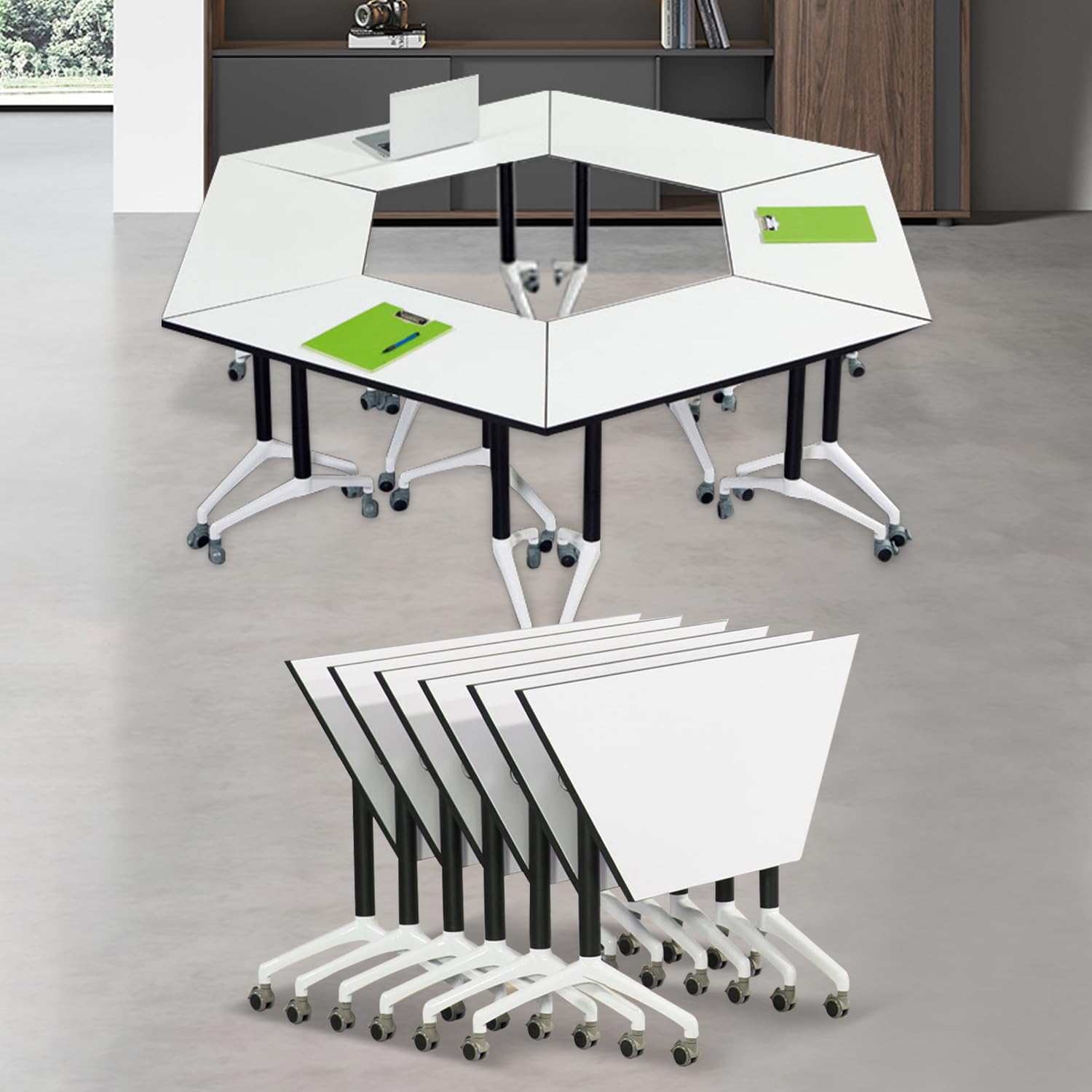 6 Pack Conference Table,47.2" x 23.6" x 29.5"Folding Trapezoid Conference Room Tables With Silent Caster,Mobile Seminars Dynamic Meeting Training