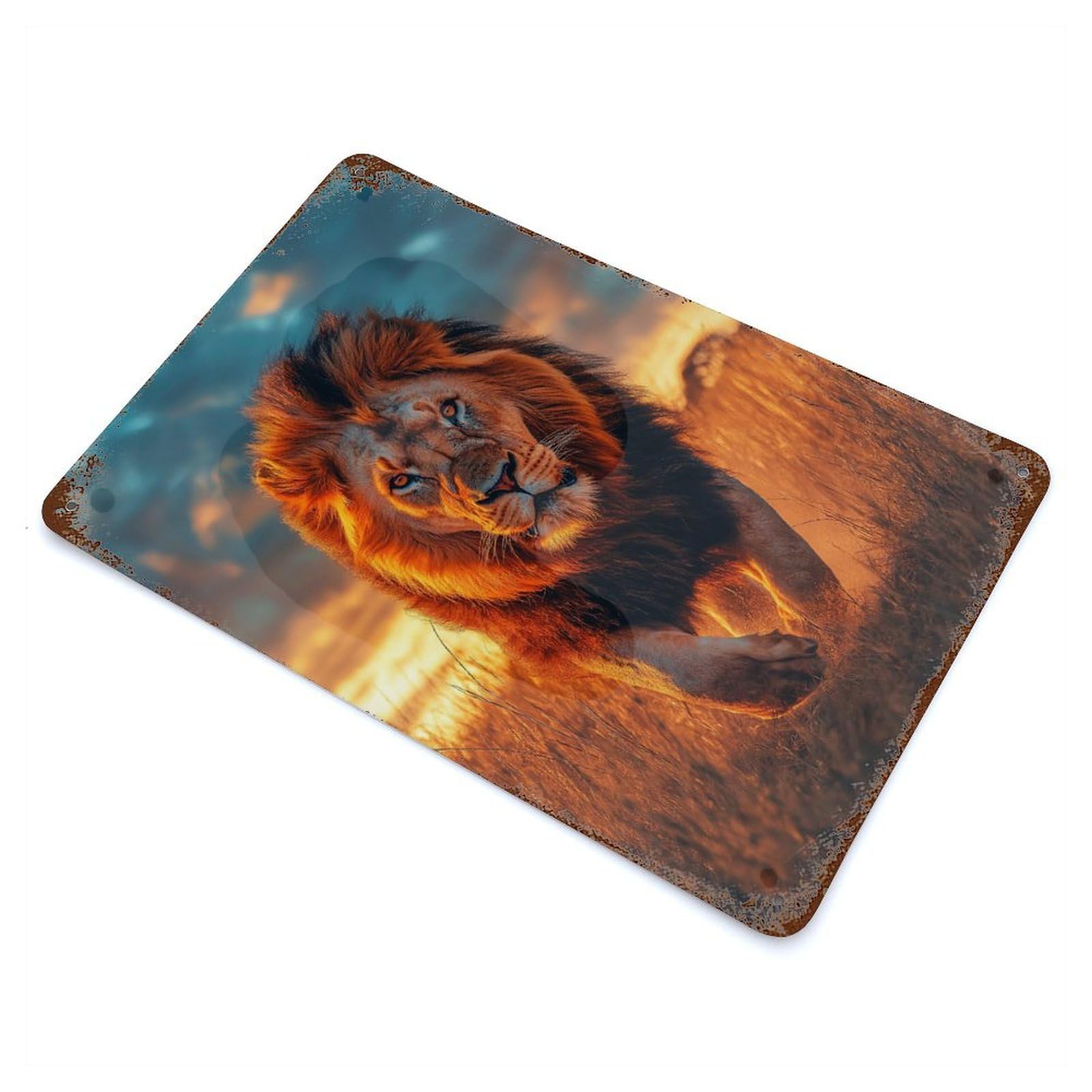Garage Style Majestic Lion Running In Africa at Sunset - Wildlife Photo Decorative Tin Sign 11.8"x7.9", Rustic Home Decor for Bar And Workshop