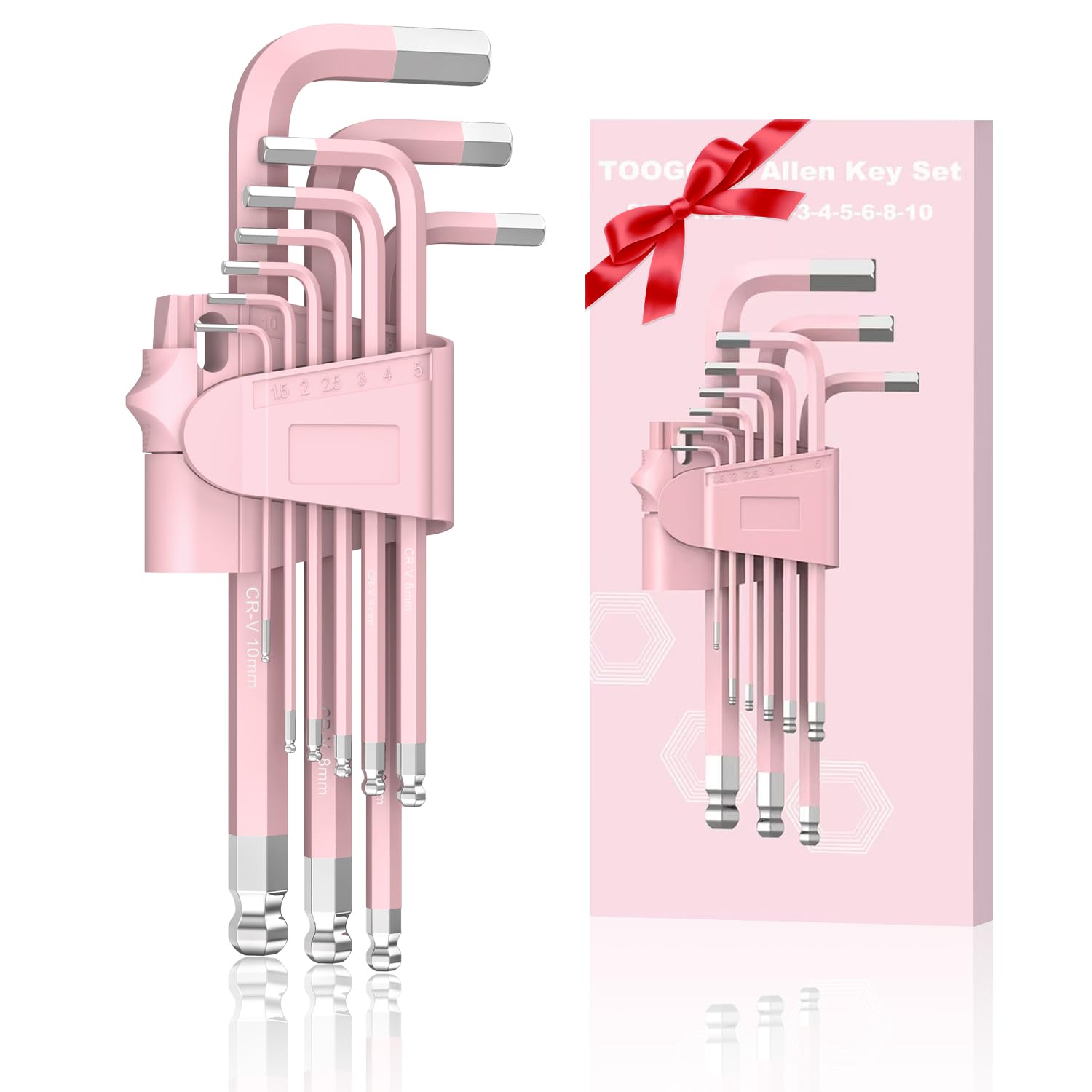 TOOGOND 9 PCS Pink Allen Key Set, Cr-V Pink Allen Wrench Set Tools for Women, Long Ball End Hex Key Set, Size 1.5-10mm with Colour-Coding for Home Repair and Ideal Gifts for DIY Enthusiasts