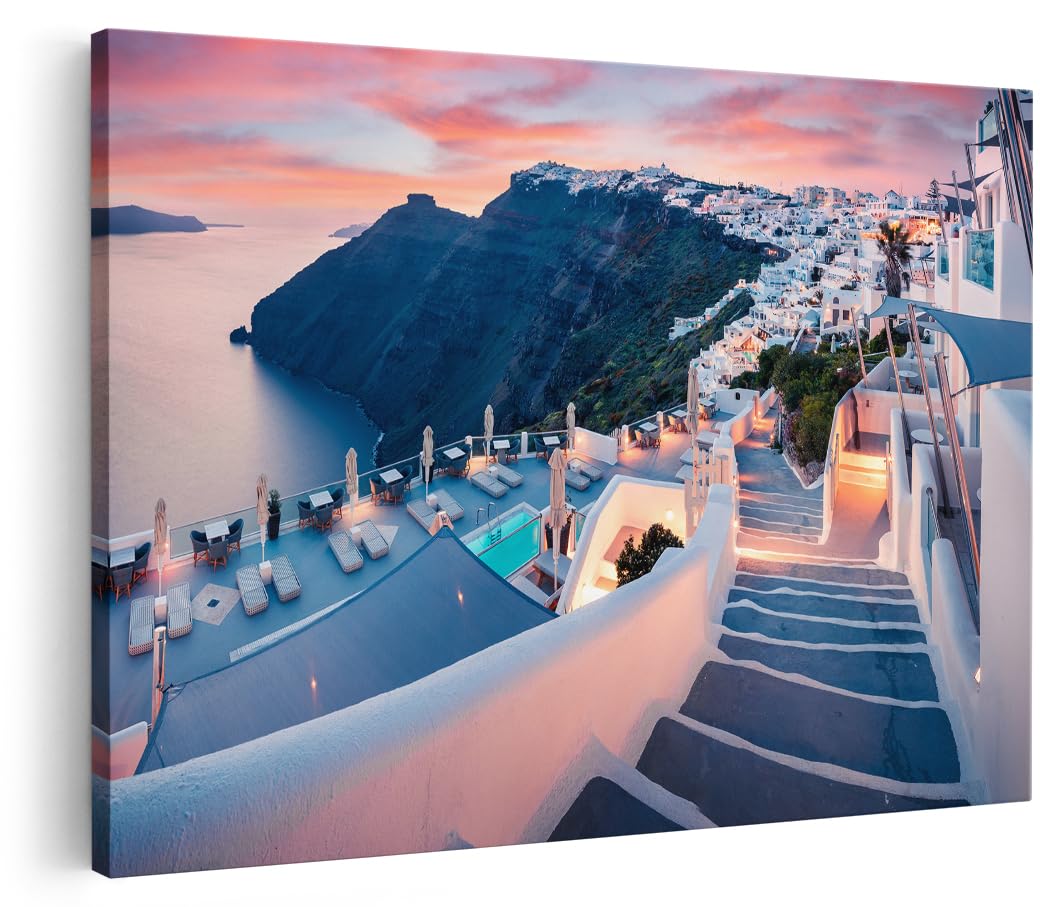 Artaza Leinwand Bilder Santorini Griechenland - 120x80 cm - Groß XXL - Wanddeko Meer - Wandbilder Sonnenuntergang - Insel Skyline Deko