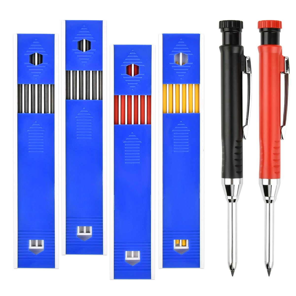 OTYMIOW Lápiz Profesional de Construcción 2PCS con 24 Recambios de Lápiz de Carpintero Lápices de Carpintero con Sacapuntas Lápiz de Trabajo con Sacapuntas Marcador de Agujero Profundo para Madera