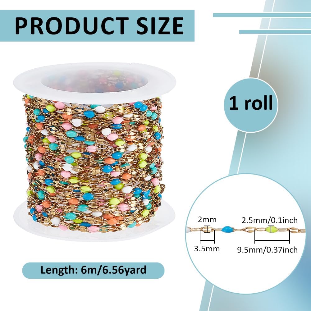 NBEADS 19.69 Feet Enamel Jewelry Making Chain, 316L Stainless Steel Dapped Colorful Beaded Cable Lip Link Chain Roll with Spool for DIY Bracelet Necklaces Pendants Making Accessories, Golden - Image 2
