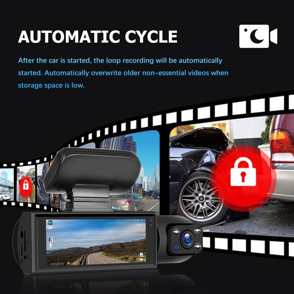 CAMECHO 1080P Dual Dash Cam Front and Inside, Dash Camera for Cars, 3.16" IPS Screen Dashcam, G-Sensor, Wide Angle, Loop Recording, Driving Recorder