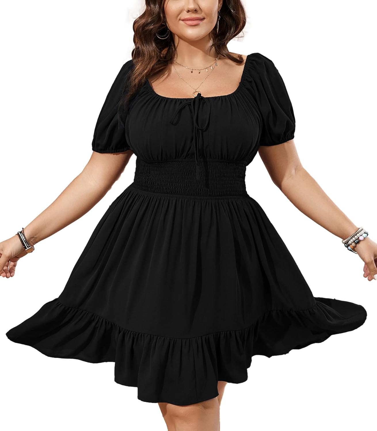 Womens Plus Size Short Lantern Sleeve Scoop Neck Mini Dress