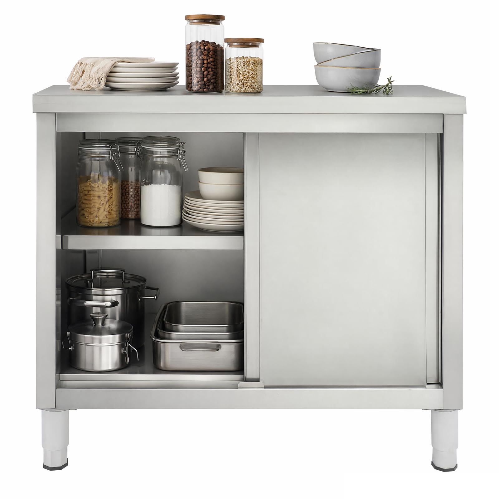 Outdoor Küche Edelstahl, 100x50x86cm Edelstahl Schrank mit Schiebetüren und Arbeitsplatte, 5-20 cm Verstellbare Höhenlagerung Bodenstehend Arbeitsschrank Küchenarbeitstisch für Küche, Garage, Kantinen