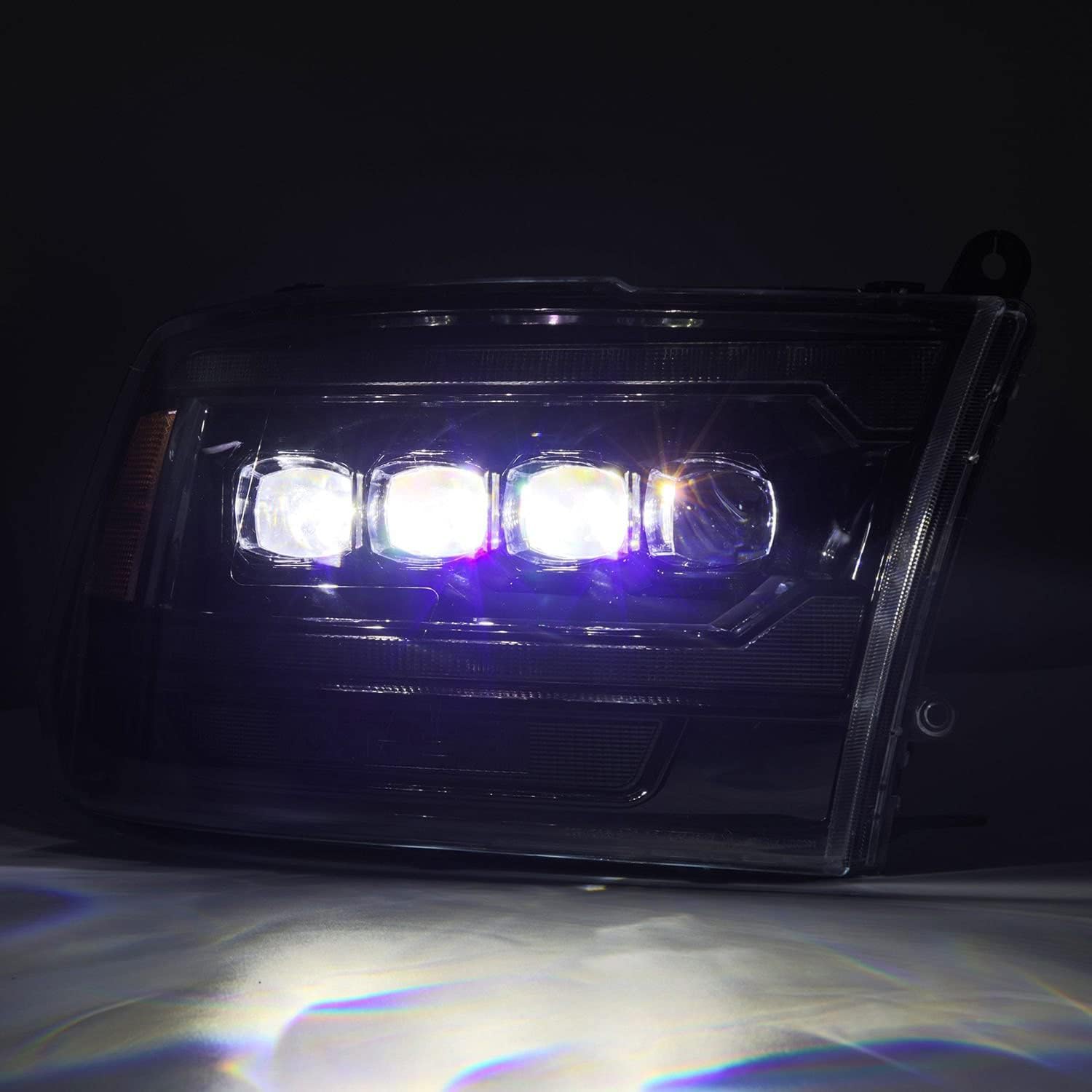 Front view of the NOVA-Series headlight with high beam LEDs illuminated.