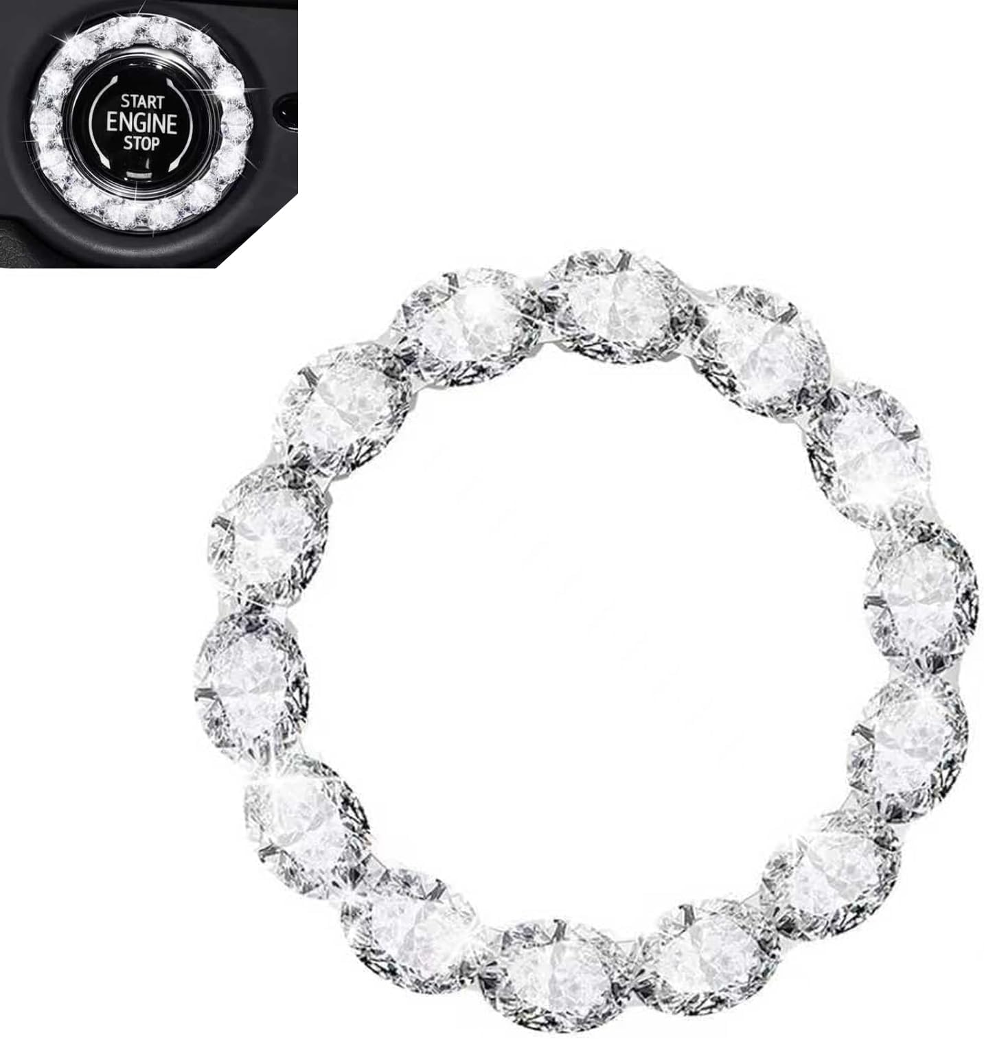 Bling Car Start Button Cover, Shiny Gem Ignition Knob Ring Decor Sticker, Self-Adhesive Sparkly Rhinestone Car Interior Engine Trim Ring Protection, Universal for Most Cars (White)