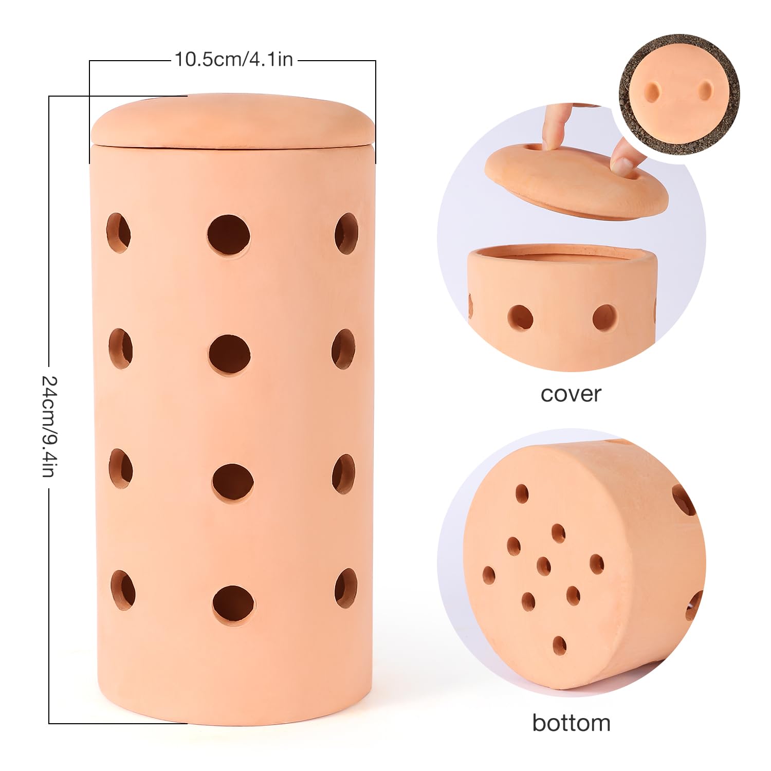 Unterirdischer Komposteimer, 25,4 x 10,4 x 10,4 cm, Garten, Wurmfarm, Outdoor, für Bio-Müll, rote Keramik, Kompostbehälter mit Löchern und Deckel, Ton für den Garten, 25,4 x 10,4 x 10,4 cm