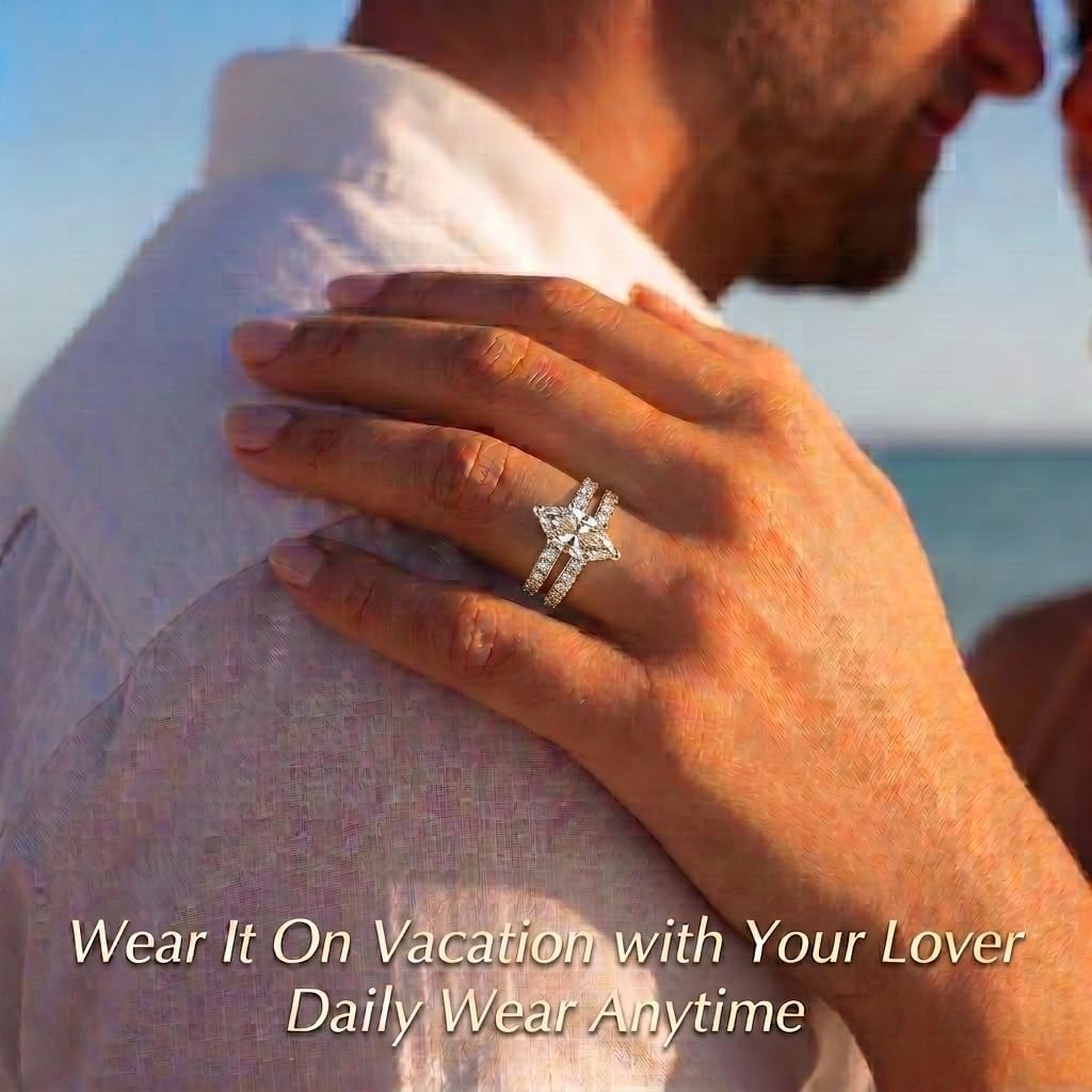 2CT Marquise Cut Travel Engagement Rings for Women, No Tarnish 18K White Gold Plated Sparkle CZ Wedding Band Promise Rings for Her, Anniversary Bridal Ring Set Valentine's Gifts 2PCS, Size 4-11