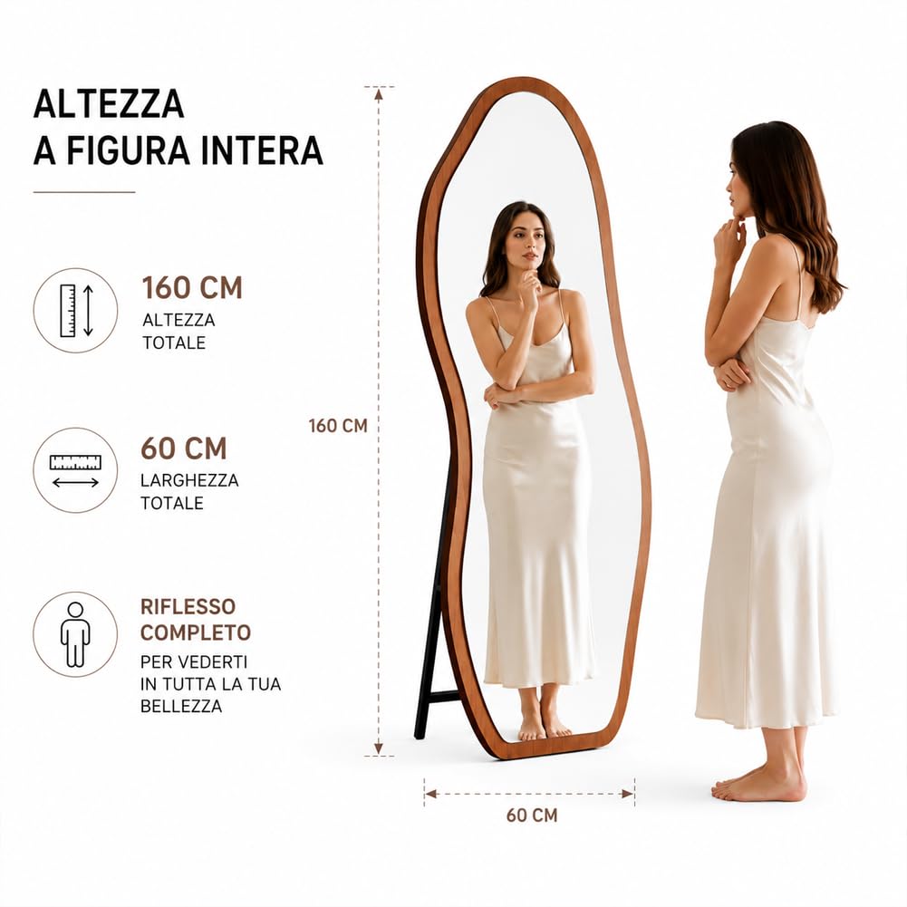 Shally Dogan Specchio ad Onda Rovere Figura Intera Indipendente Autoportante con Struttura in Legno da Pavimento Terra, Design Moderno, Decorazione da Interni per Camera da Letto, Ingresso 160 x 60 cm