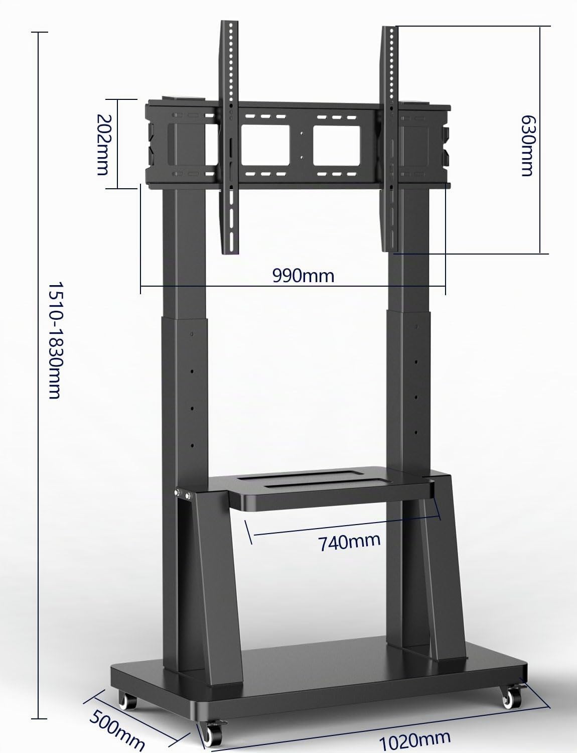 JXMSTWP - Soporte de TV con ruedas móviles para la mayoría de pantallas de 42 a 100 pulgadas, carrito de TV grande en altura ajustable con bandeja, VESA Max 900 x 600 mm, carga 80 kg, soporte para