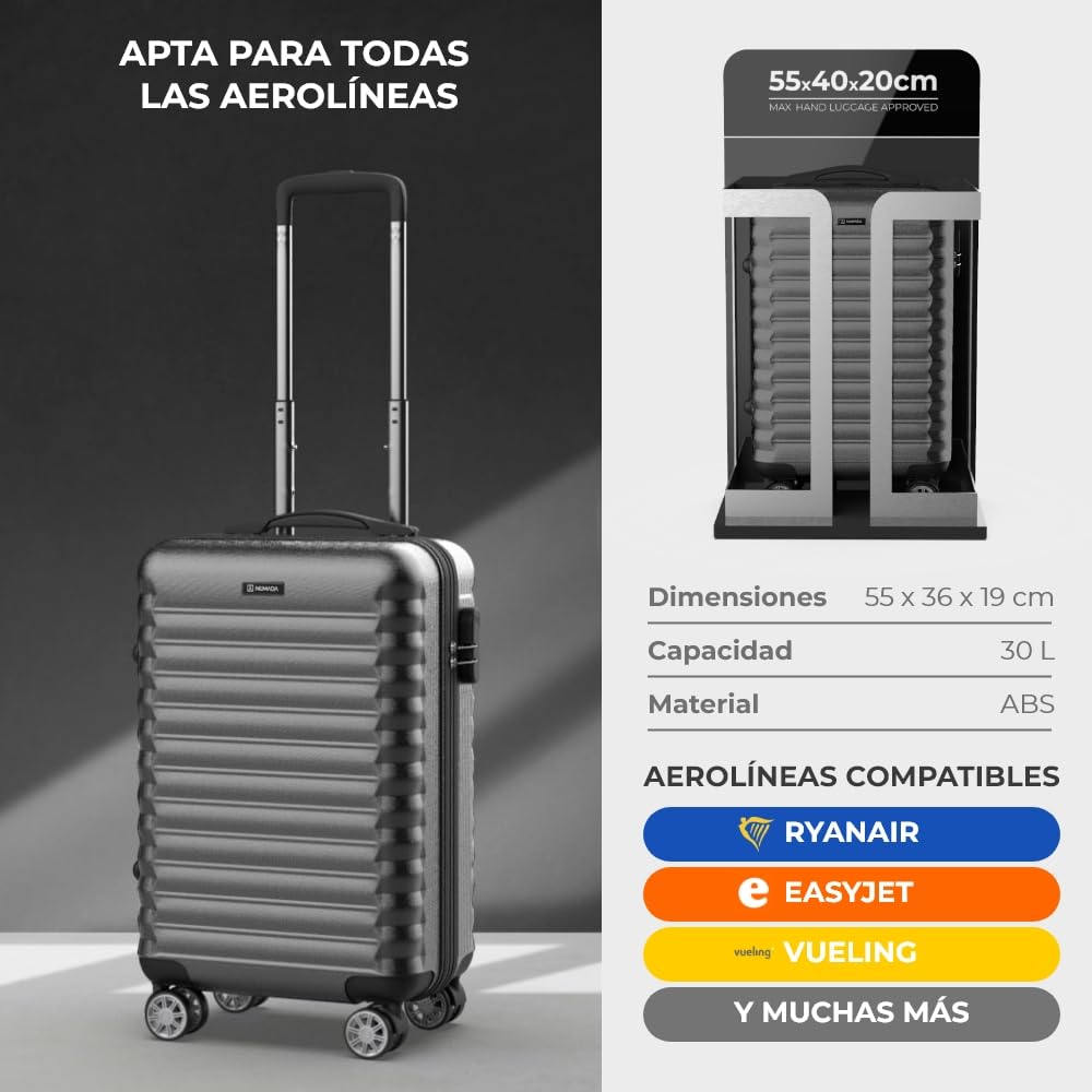 NUMADA - Maleta de Viaje Cabina 55x36x19cm (30L) Upfly XS con Cierre de Combinación y 4 Ruedas Dobles 360. Maleta de Mano Rígida Resistente, Ligera con Interior Compartimentado