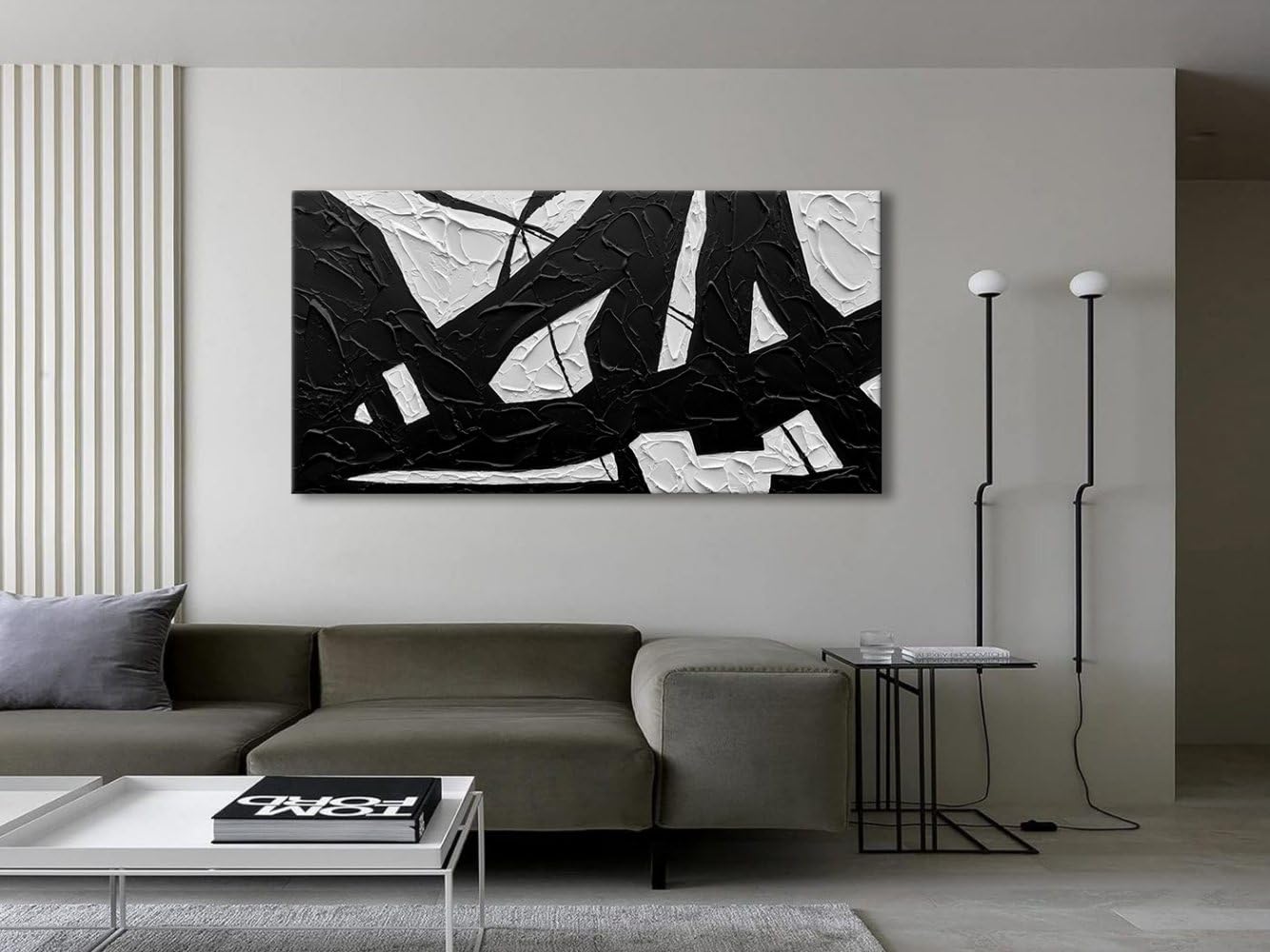 Zoinart Black And White Abstract Wall Art - Hand Painted Textured Canvas Painting 24x48 Inches, Modern Home Decor