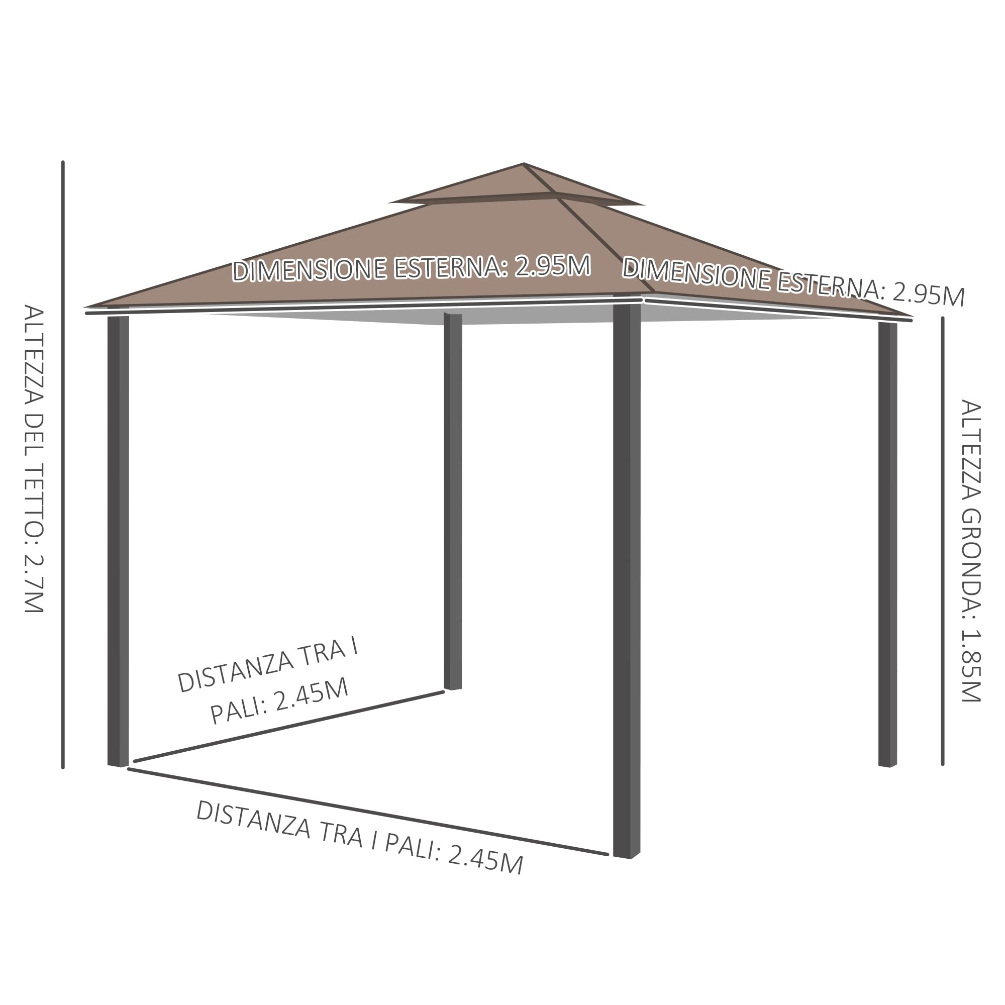 Outsunny Gazebo da Giardino 3x3m con Zanzariera Tetto 2 Livelli Marrone | in Poliestere, Struttura in Metallo