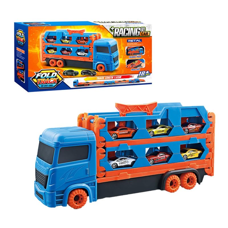 Image of WireScorts Big Hauler Transport Truck Toy with Foldable Ejection Race Track, 2 Die-Cast Cars Included, for Kids Boys 3+ Years, Blue