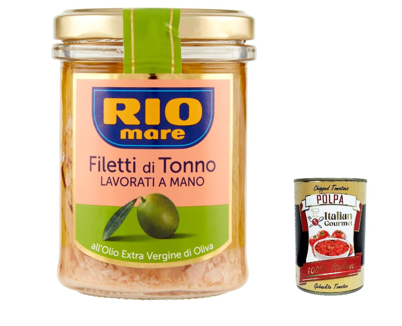 Italian Gourmet bundle für Rio Mare Thunfischfilets im Glas 12x180g in nativem Olivenöl, handgearbeitet, Premium-Antipasti & Salate, proteine reich + Italian Gourmet polpa