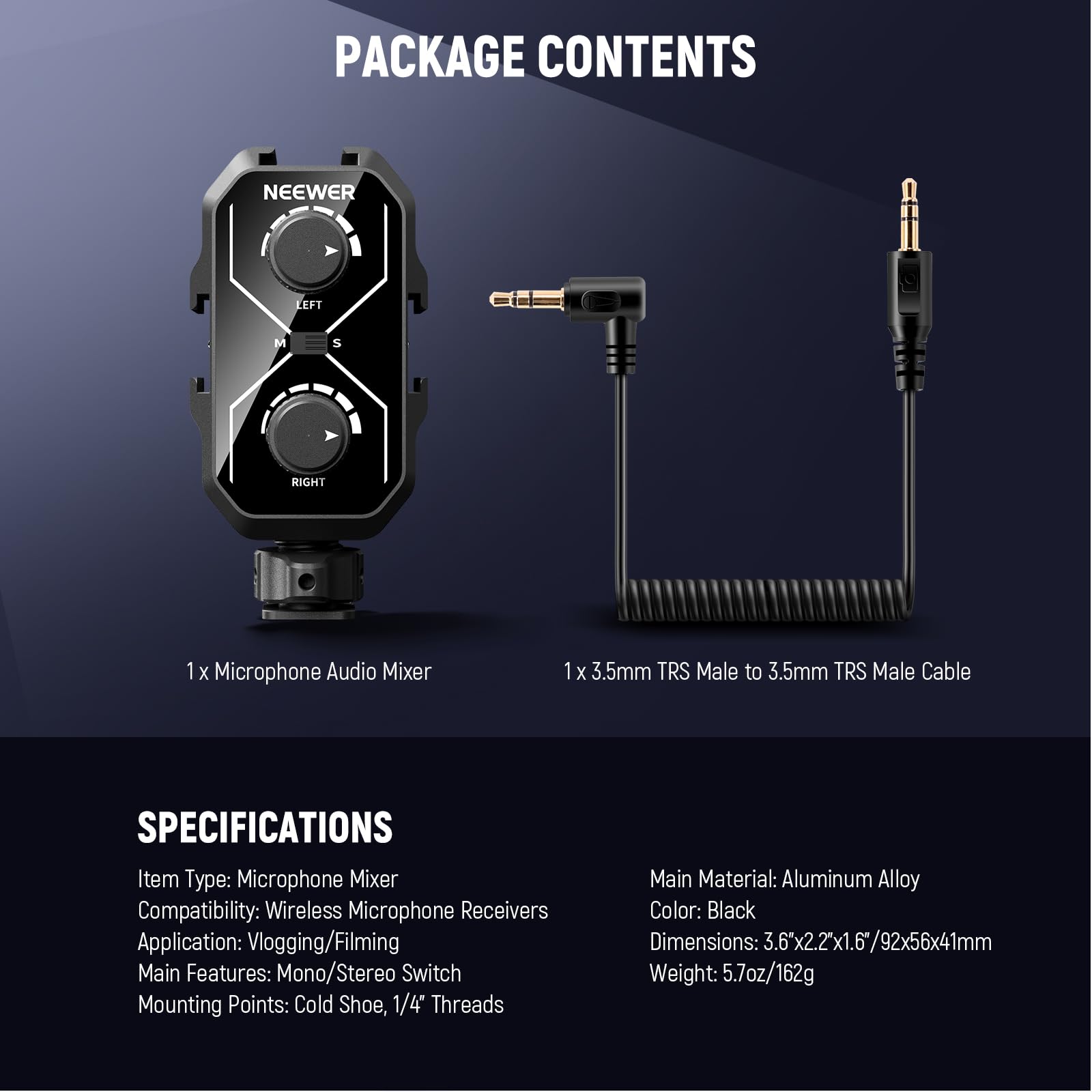 Neewer MM01 Dwukanałowy adapter miksera audio z kablem TRS 3,5 mm, przełącznikiem stereo/mono, uchwyty na zimną stopkę do aparatu DSLR, smartfonów, mikrofonów zasilanych bateriami do nagrywania wideo