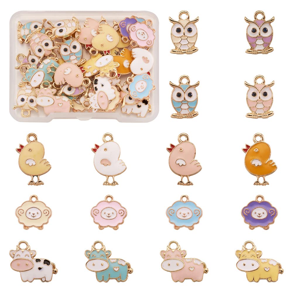 Beadthoven 32pcs Owl Sheep Cow Chicken Enamel Charm Pendants Mixed Color Small Metal Cute Animal Charms Dangle Beads for DIY Necklace Earring Bracelet Jewelry Making Supplies