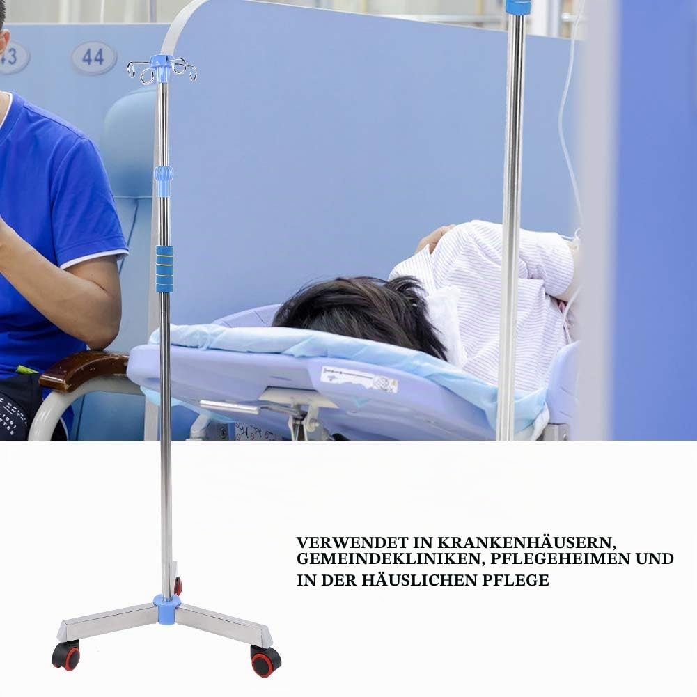 Tragbarer Edelstahl -Ständer mit Rädern - Höhenverstellbarer Infusionsständer mit 4 Haken für Krankenhaus und Heim.